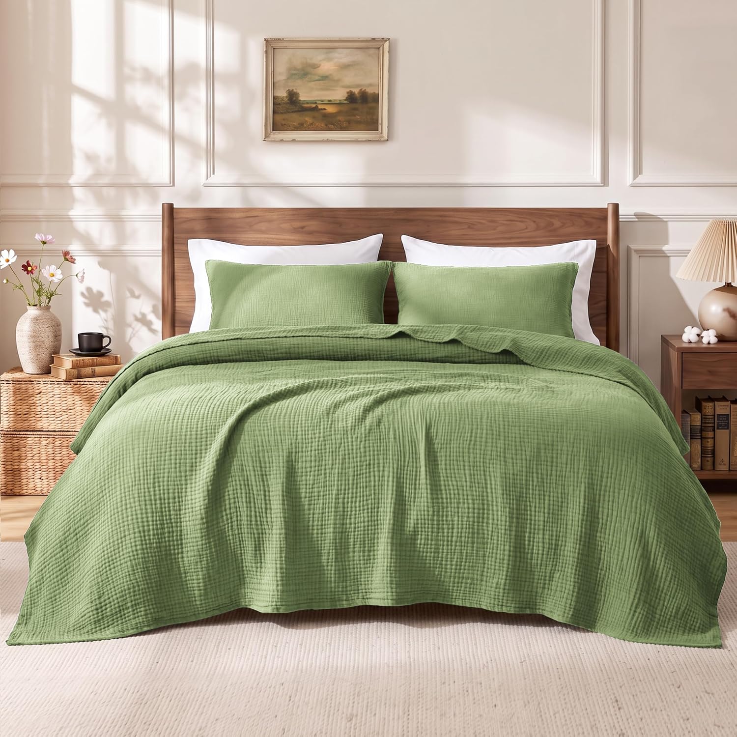 Detalle de Love's Cabin 100% Cotton Muslin Blanket (6-Layer) – King Size, Sage Green, Lightweight Gauze