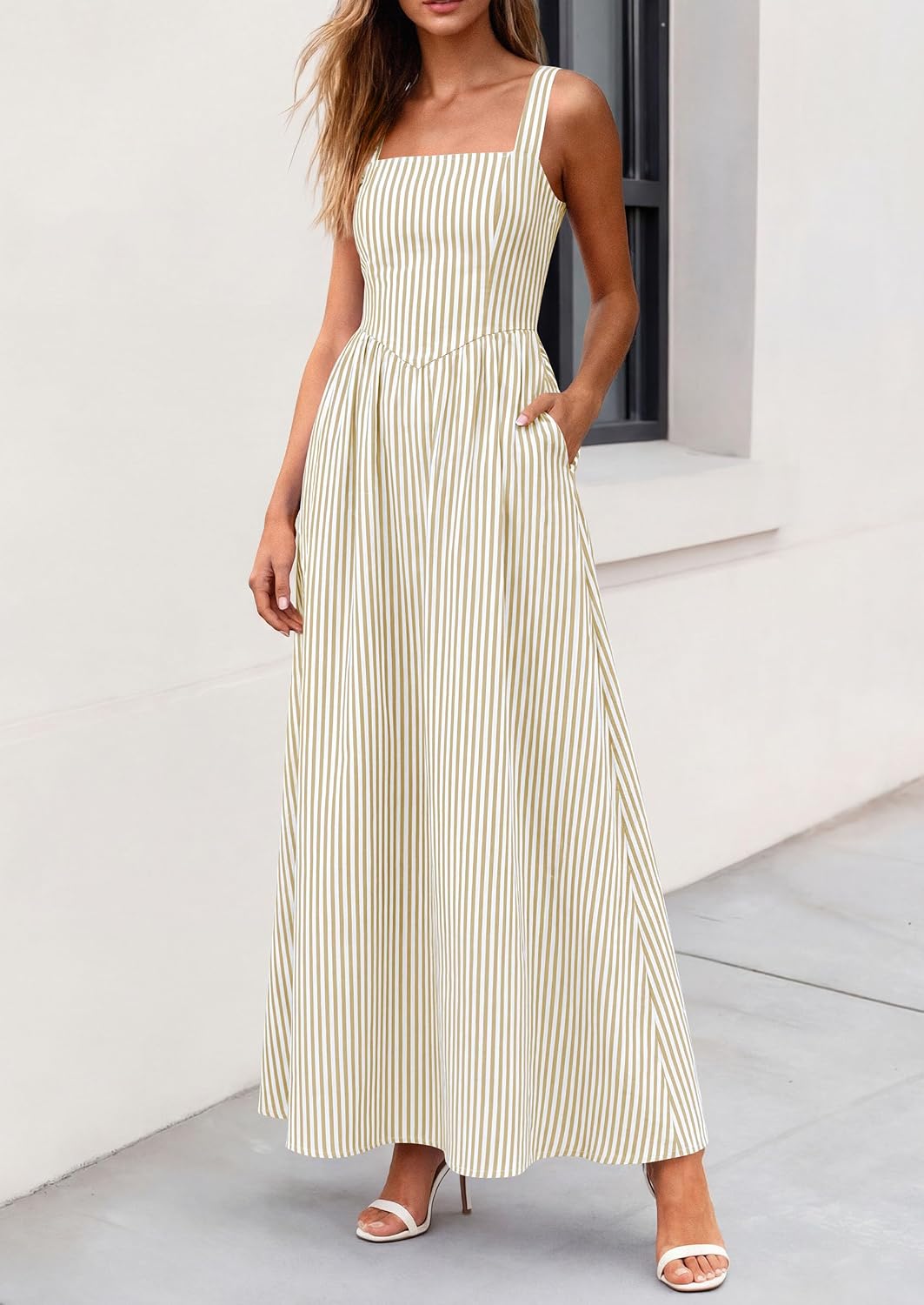 Detalle de PRETTYGARDEN Women's Maxi Dress - Summer Striped Sundress, Sleeveless Square Neck, Smocked Back, Pockets