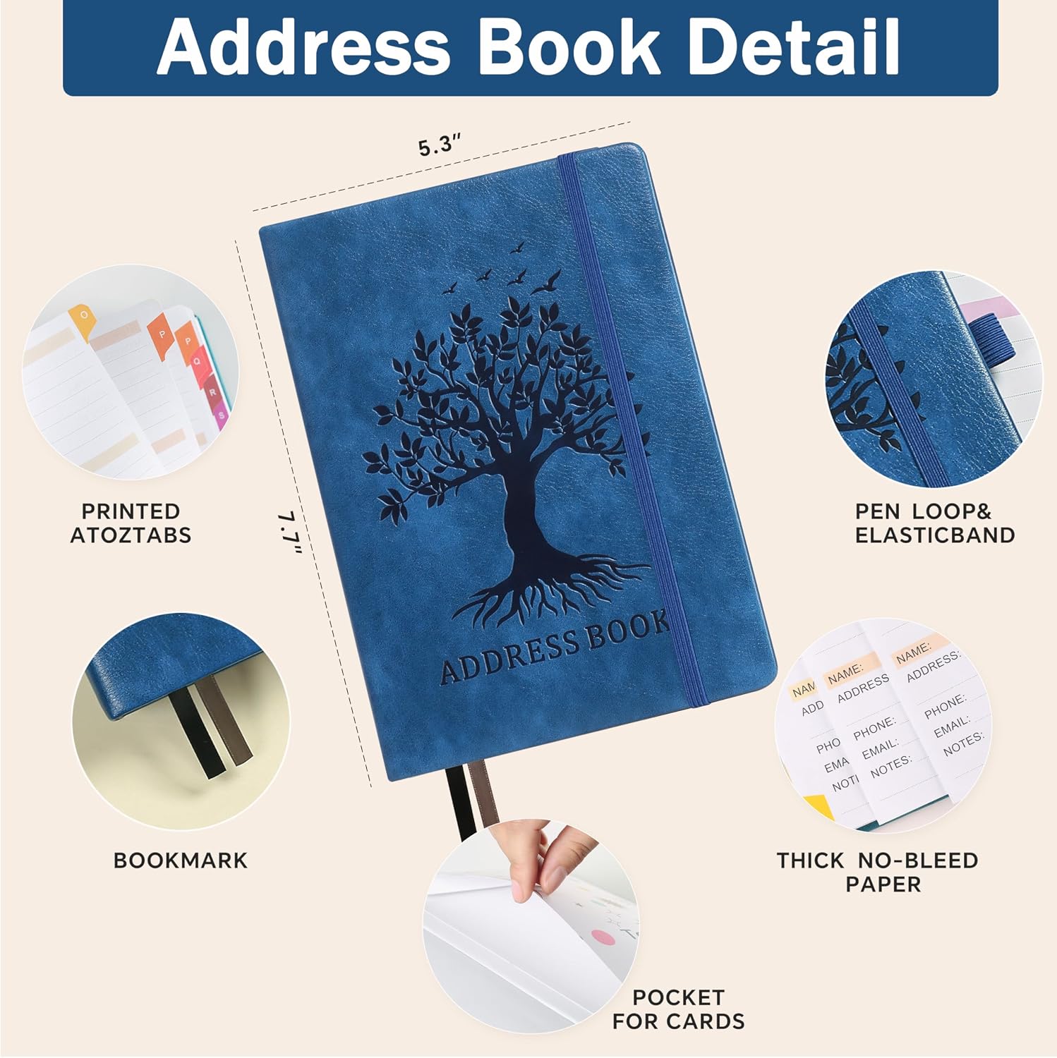 Detalle de ZXHQ ZXUSADDRESSBOOK02 Address Book, A–Z Tabs, Blue Hardcover, 600+ Contacts