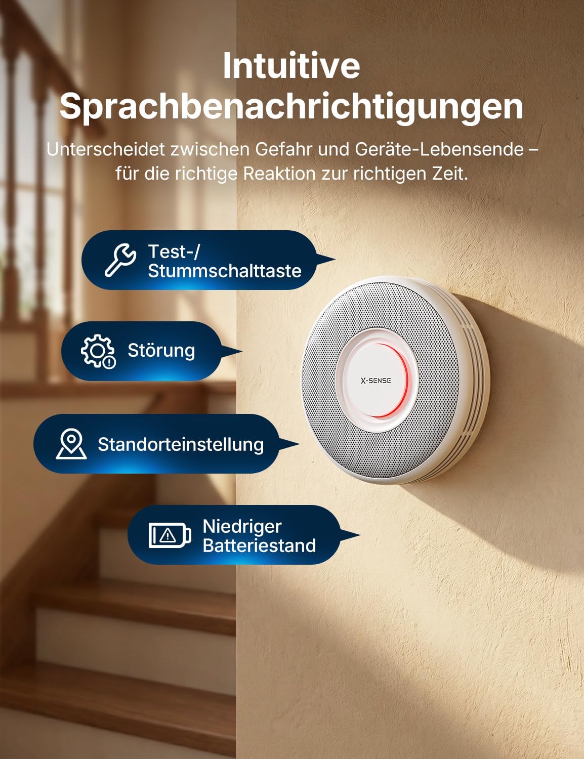 Thumbnail 6 de X-Sense Rauchmelder XS0B-SN mit 10-Jahres-Batterie, deutscher Sprachalarm und 17 Standortansagen (3 Stück)