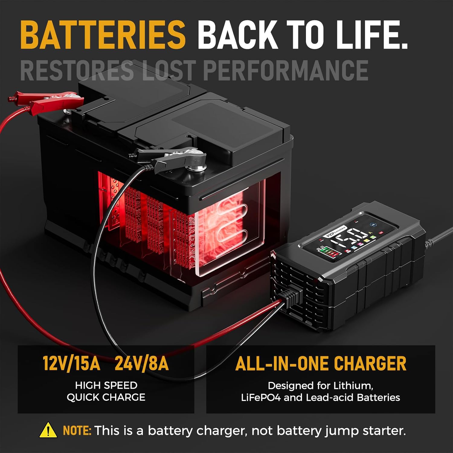 Detalle de PZP 15-Amp 12V/24V Smart Battery Charger, Maintainer & Trickle Charger (9-Stage, LiFePO4 & Lead-Acid)