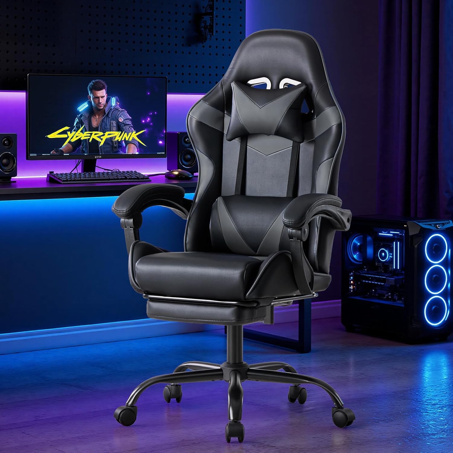 Thumbnail 1 de Sweetcrispy Gaming Stuhl – Ergonomischer Bürostuhl mit Fußstütze, Kopfstütze und Lendenwirbelstütze