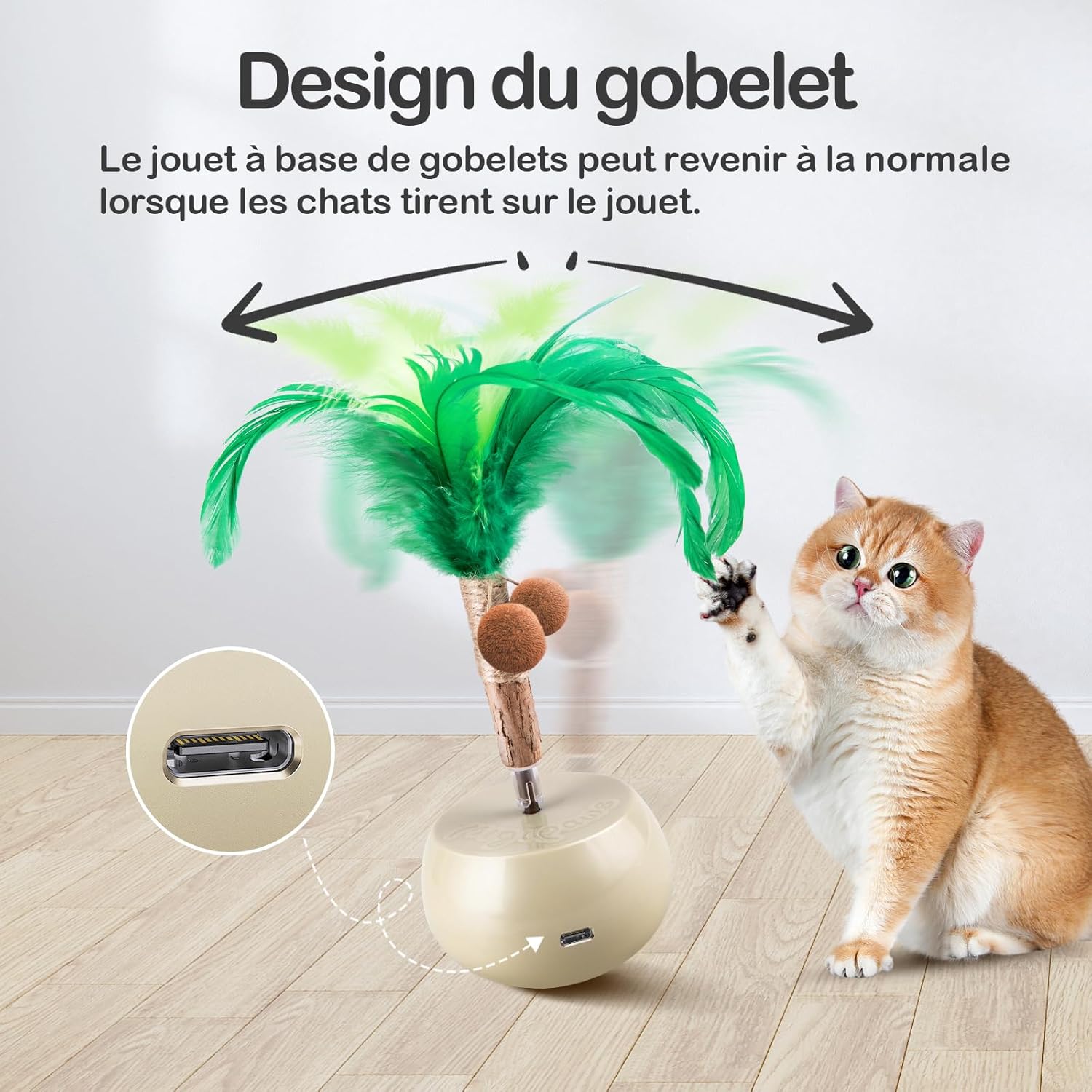 Detalle de Migipaws Jouet interactif pour Chat avec plume et rouleau électrique – rechargeable