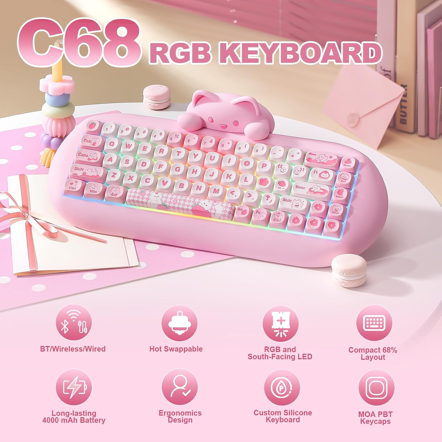 Detalle 2 de YUNZII C68 Wireless Mechanical Keyboard: 65% Cat-Inspired, Hot-Swap, Tri-Mode Connectivity