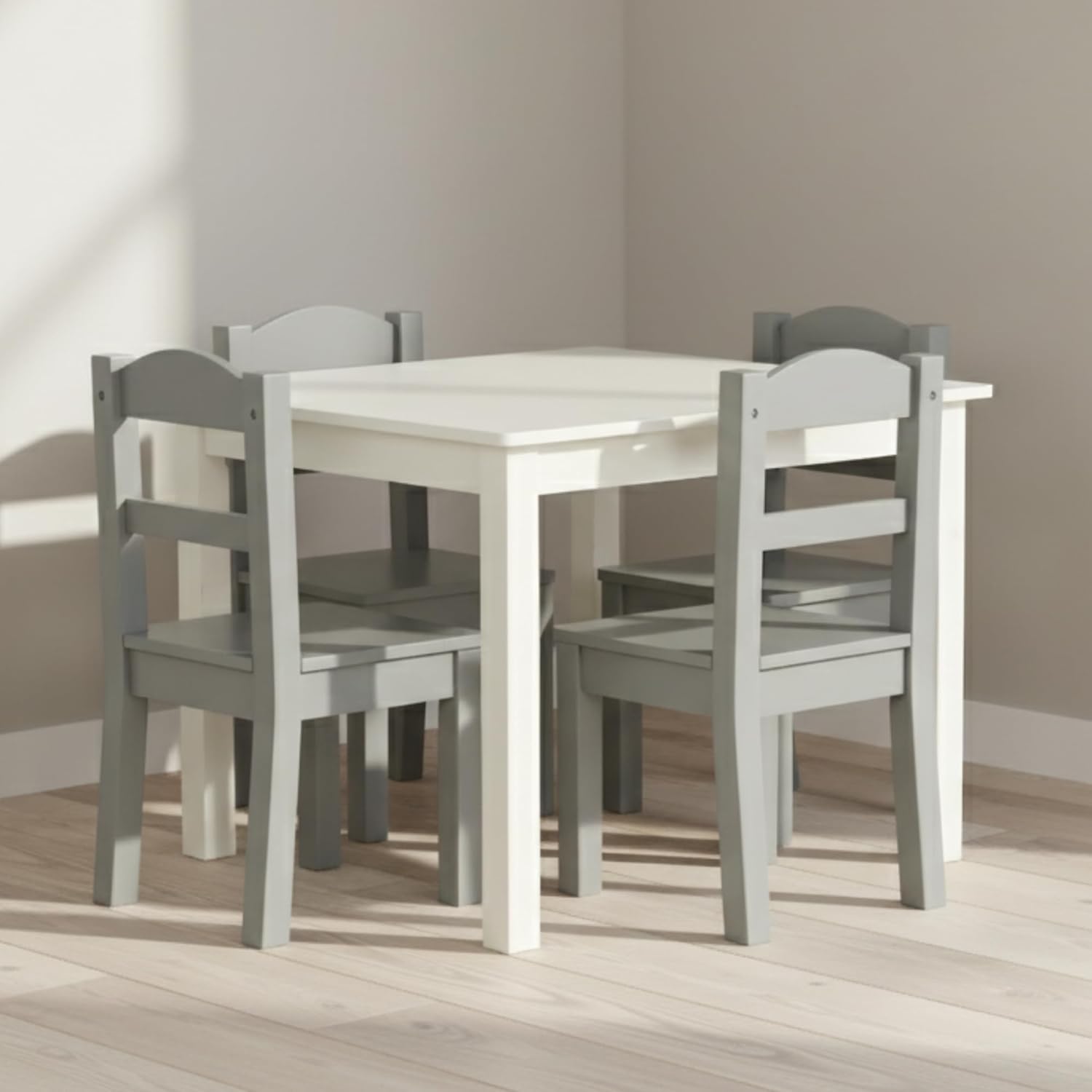 Detalle de Humble Crew Set tavolo quadrato e 4 sedie in legno per bambini (bianco/grigio)