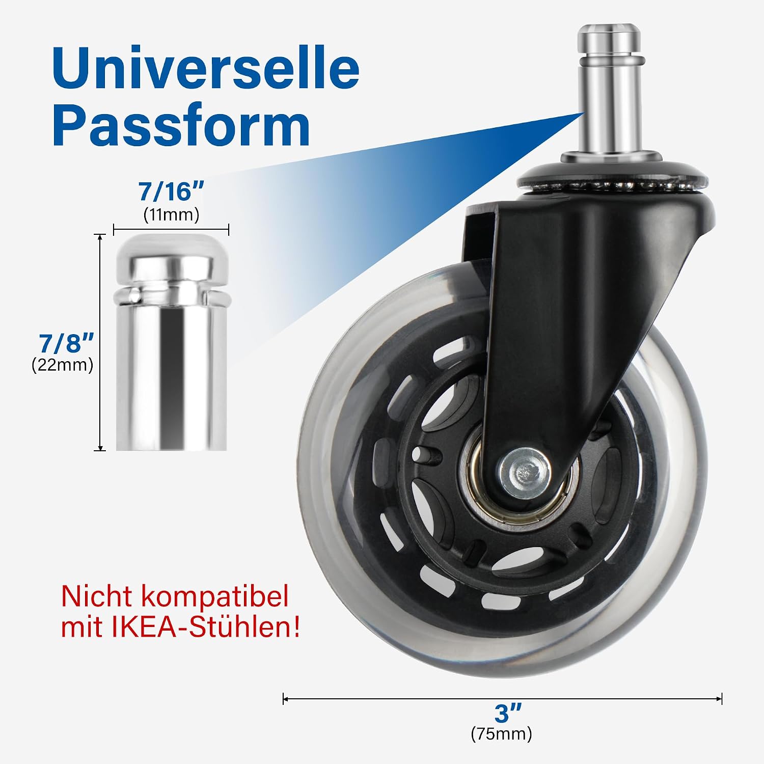 Detalle de LotFancy Bürostuhl Rollen 11 x 22 mm (5er) – leise Gummirollen für Parkett, Hartboden & Teppich bis 300 kg