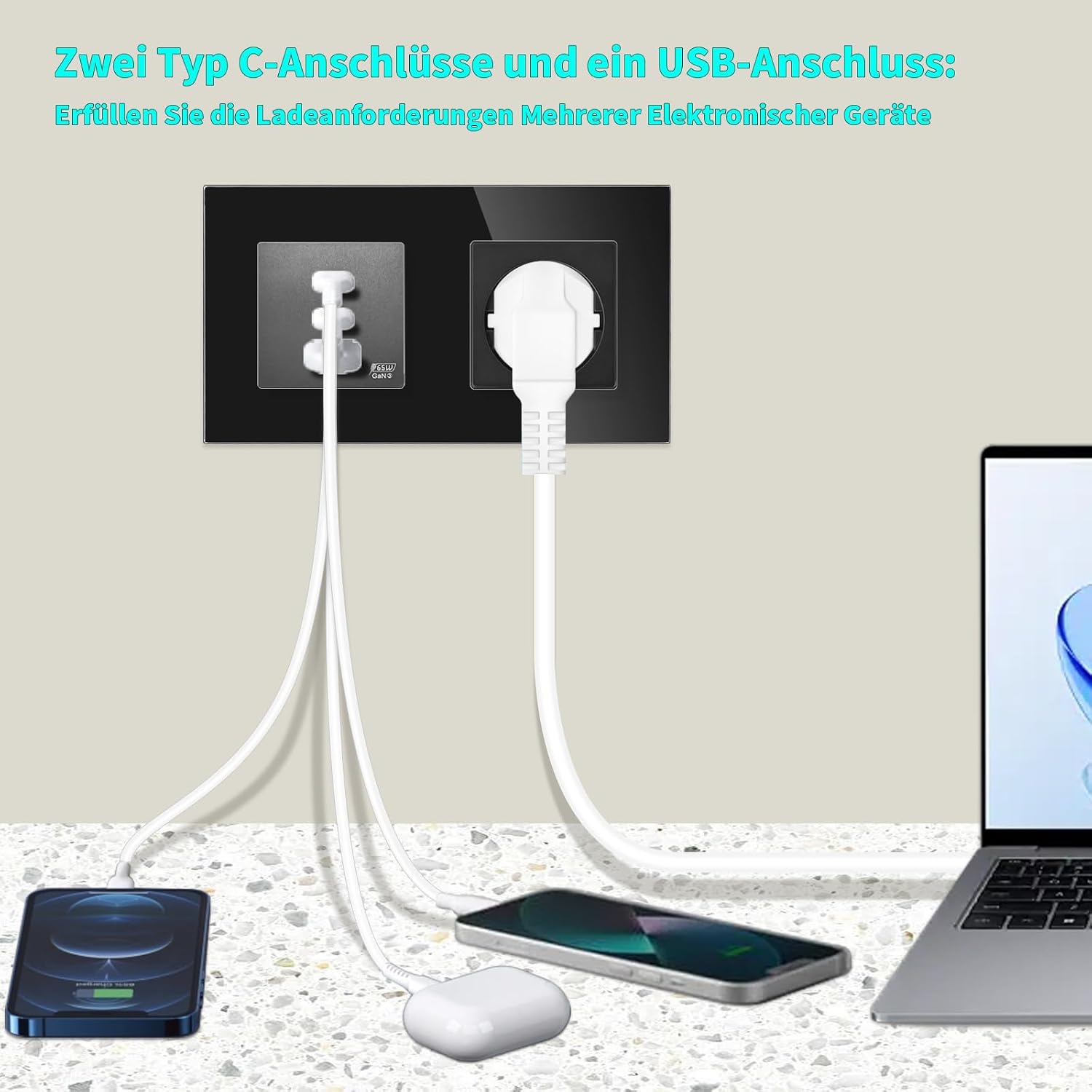 Detalle 2 de LIAONFOY Schuko Einzelsteckdose mit Super Fast Charging (3 Ports, 65 W, Glasrahmen) – 100–240 V
