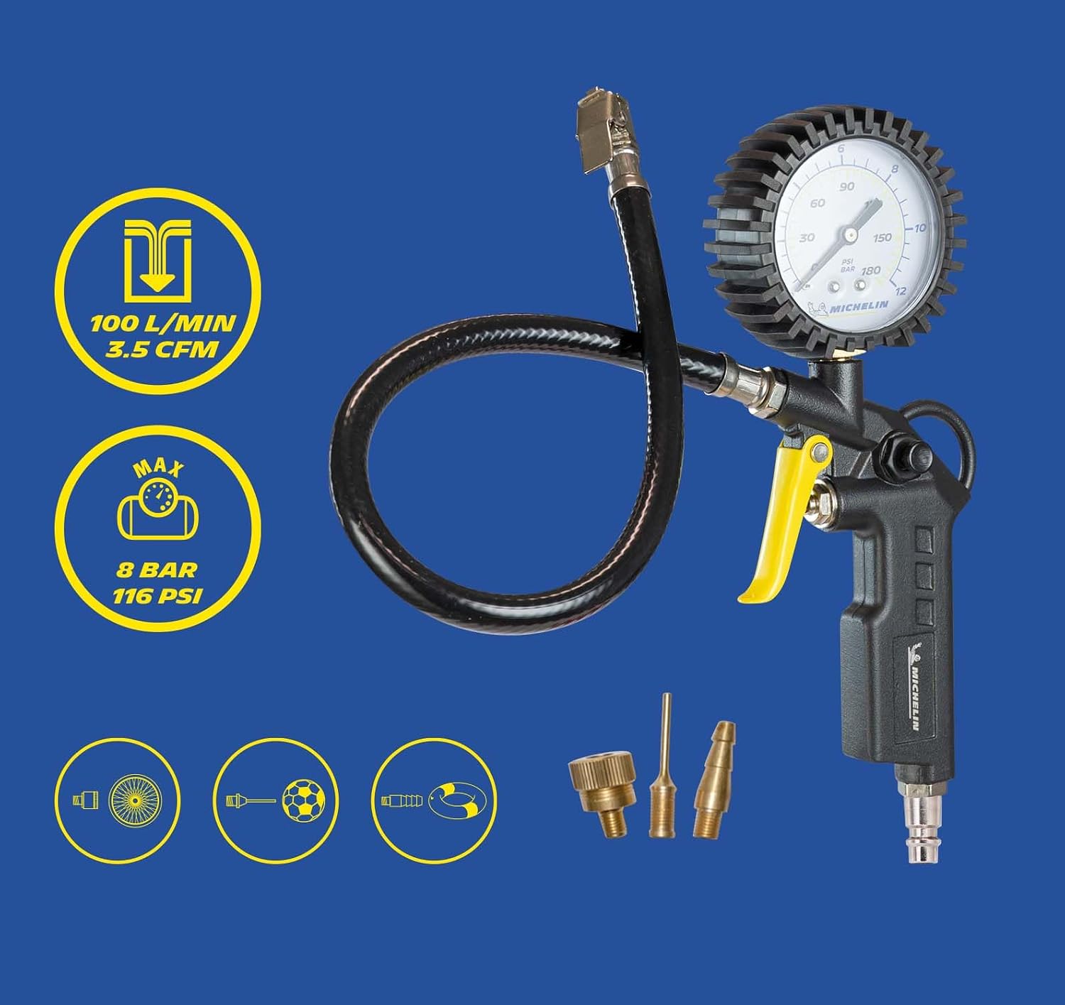 Thumbnail 1 de MICHELIN Pistola Gonfiaggio Pneumatici con 3 Ugelli – max 8 BAR, corpo in lega e manometro protetto