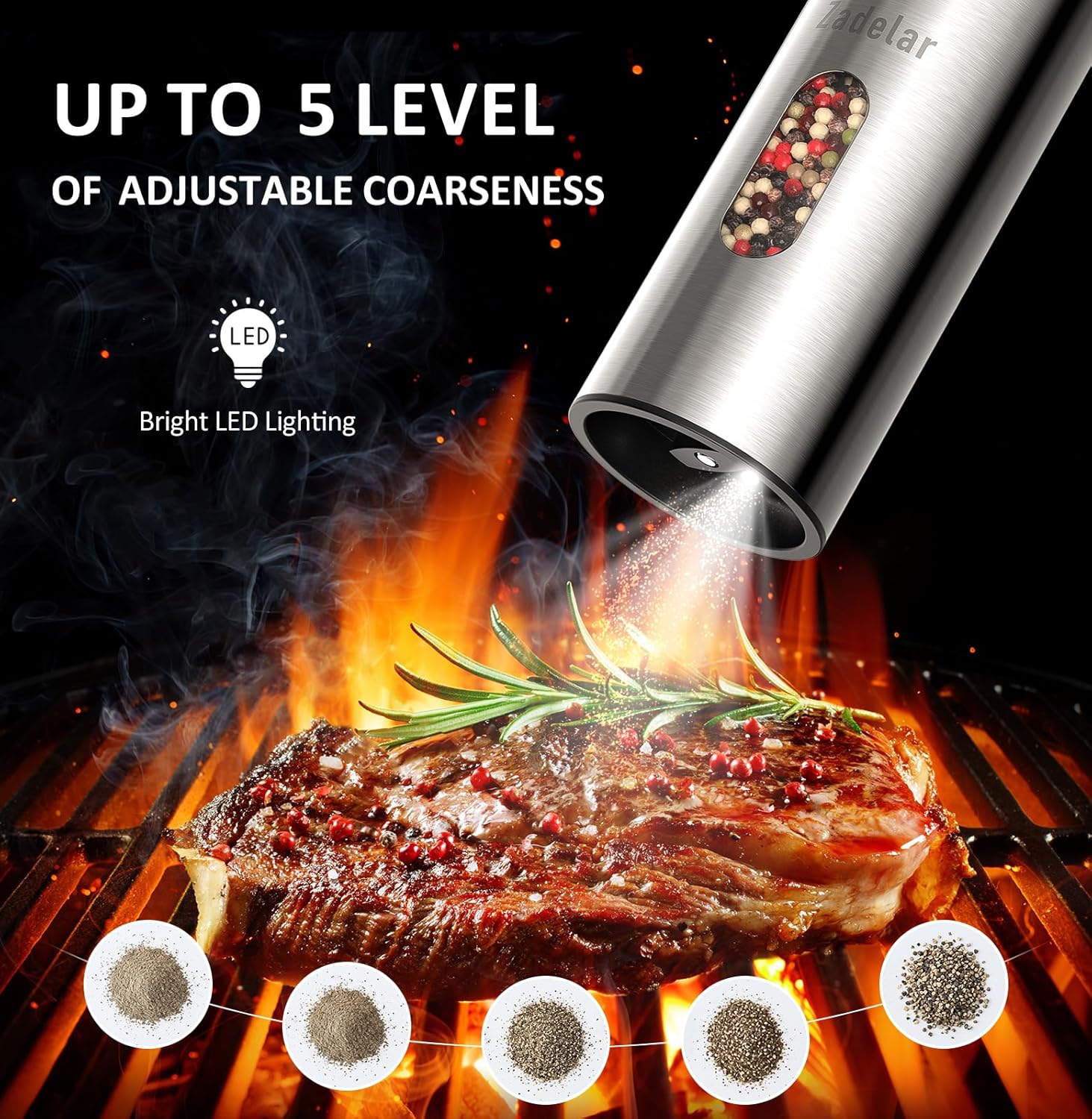 Thumbnail 5 de Zadelar Rechargeable Electric Salt and Pepper Grinder Set with USB-C Charging Dock