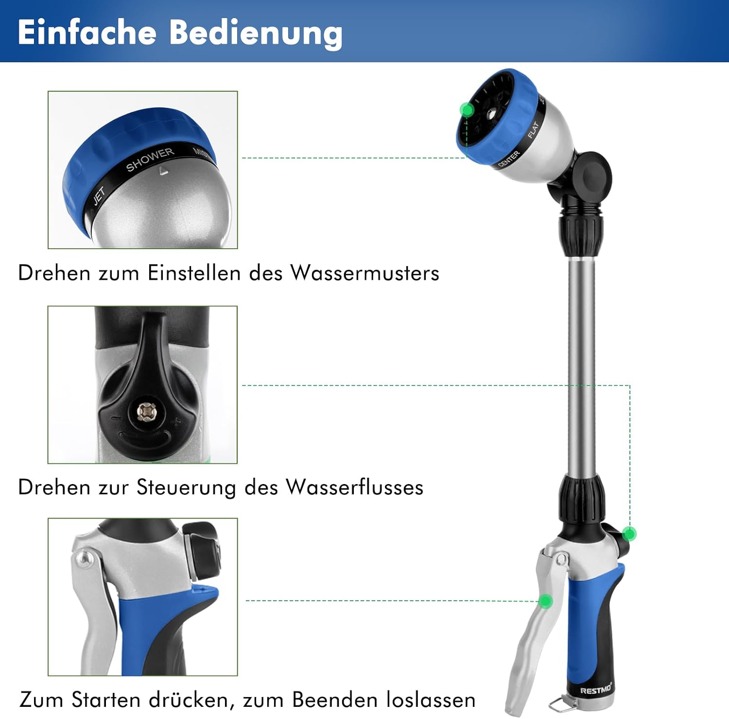 Thumbnail 3 de RESTMO Garten-Gießstab Metall 42 cm mit 180° schwenkbarem Kopf und 7 Sprühbildern (Blau)