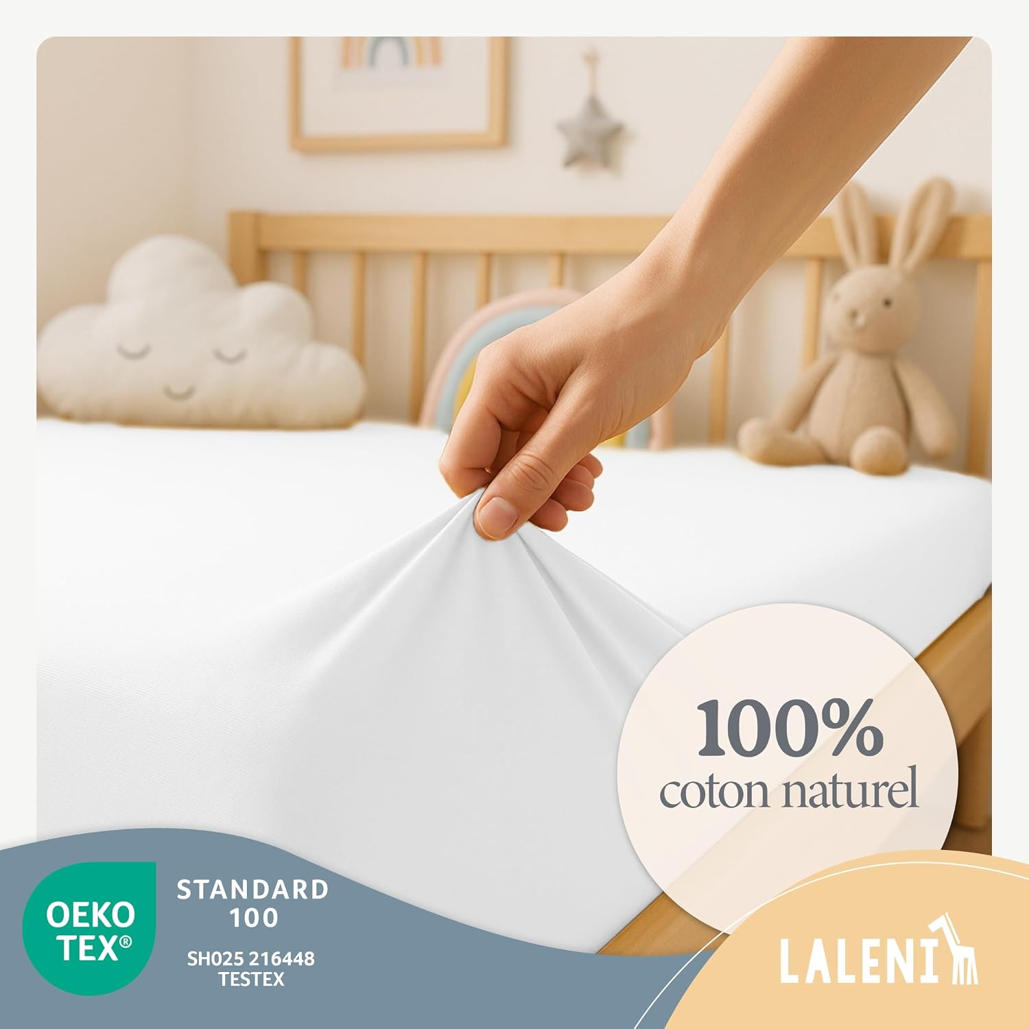 Detalle de Laleni lot de 2 draps-housses bébé en jersey 100x100 cm (Oeko-Tex, coton) – blanc