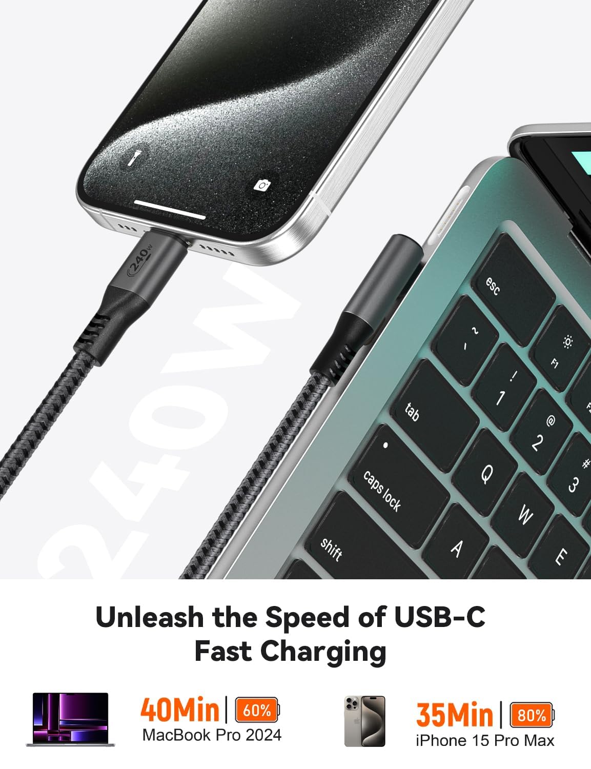 Thumbnail 1 de XAOSUN USB-C to USB-C Cable 5M | 240W PD 3.1, 90 Degree, E-Marker 2.0 for Wide Compatibility