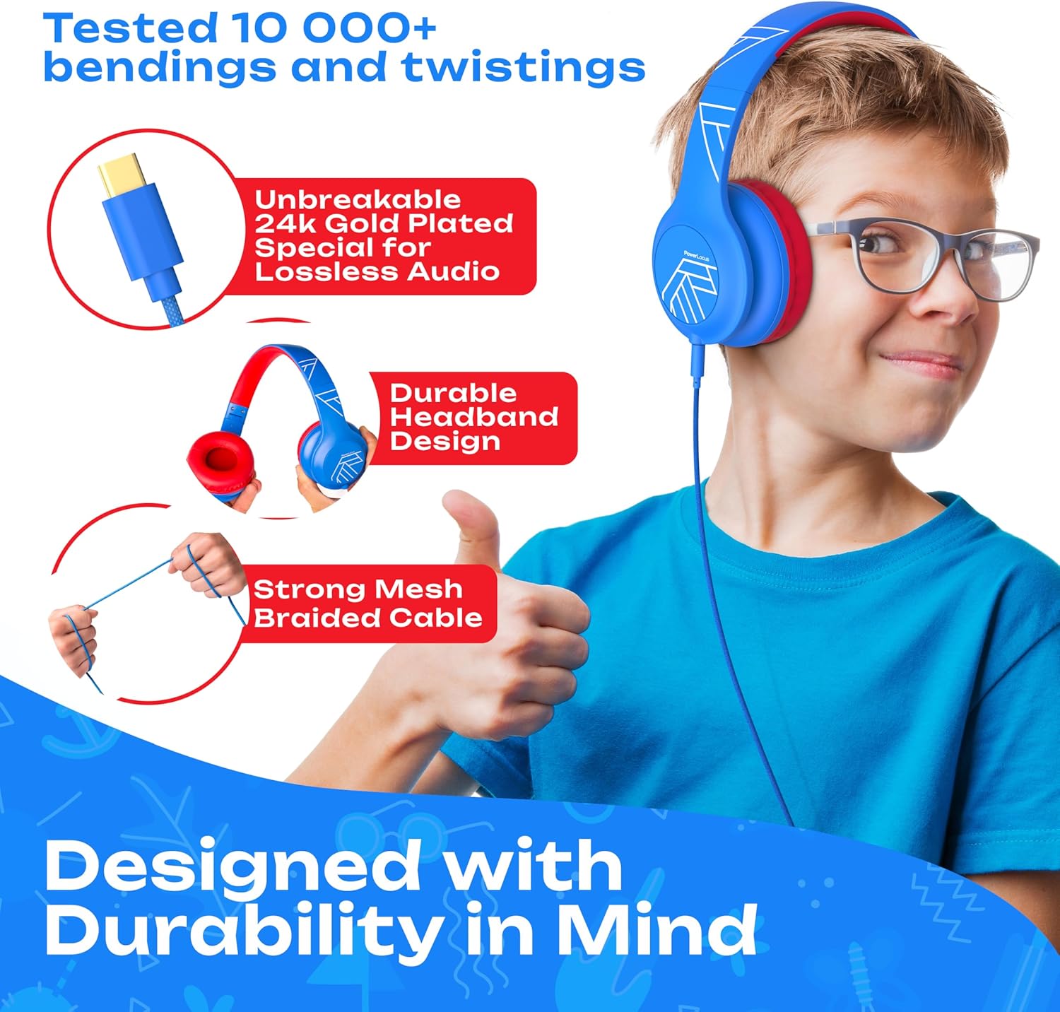 Thumbnail 1 de PowerLocus Kids Headphones with Microphone: Wired, Over-Ear, 85/94 dB Safe Volume, USB-C, Foldable