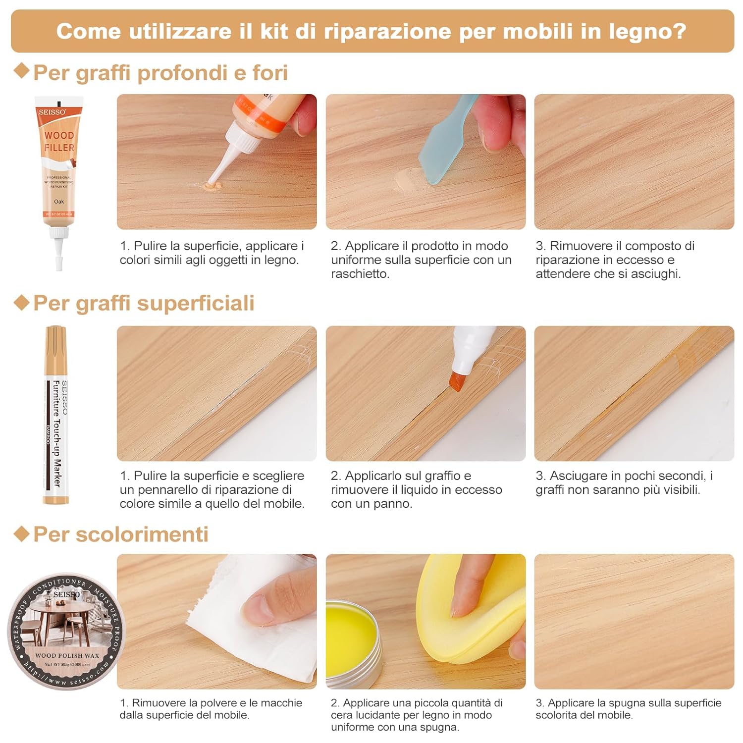 Thumbnail 4 de SEISSO Kit Riparazione Mobili Legno 6 Colori
