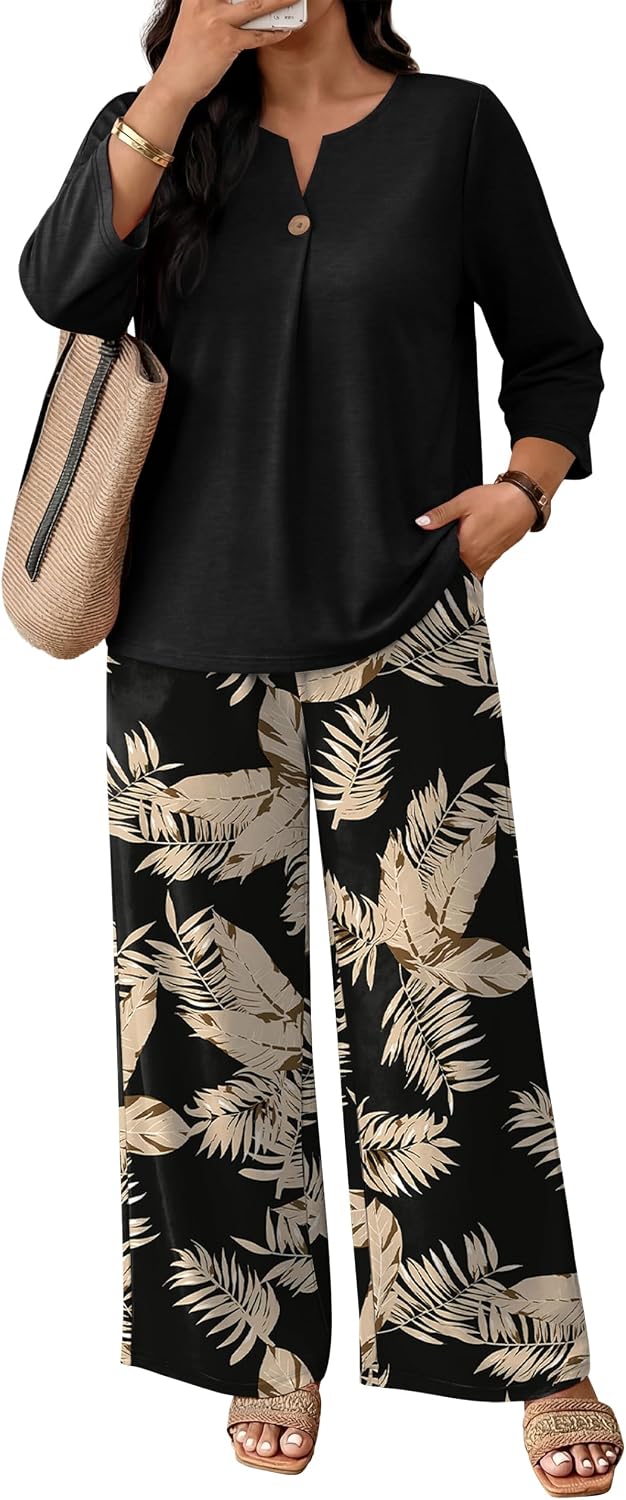 Thumbnail 1 de WIHOLL 2-Piece Women's Lounge Set with 3/4-Sleeve Top and Wide-Leg Pants