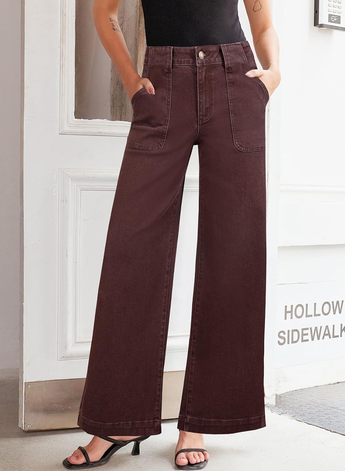 Detalle de Sidefeel Women's Wide Leg Jeans, High-Rise Stretch Denim with Front Pockets