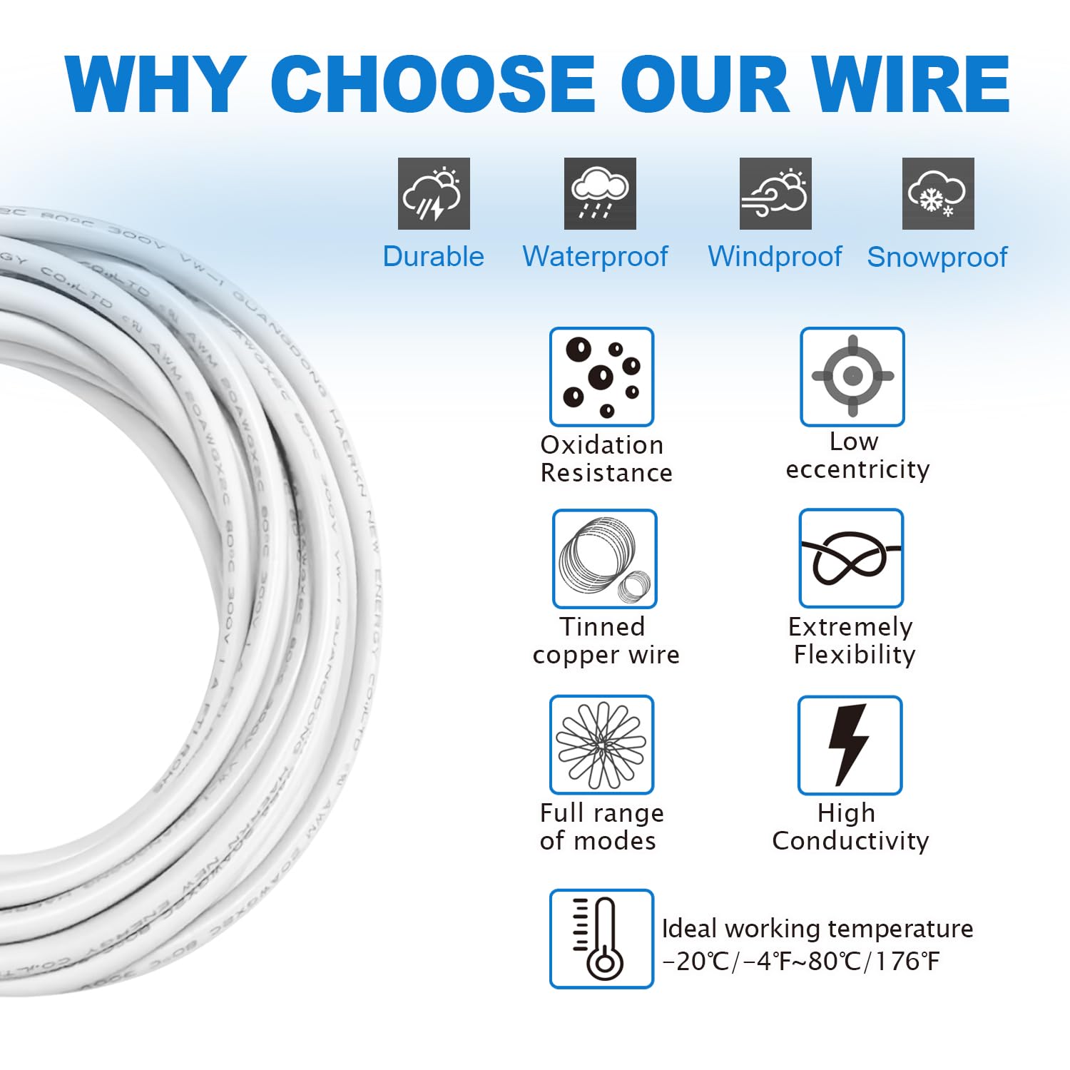 Detalle de Matugajp Verlängerungskabel 2×0,3mm² (22 AWG) – 10 Meter, VW-1/FT1, 300 V, weiß