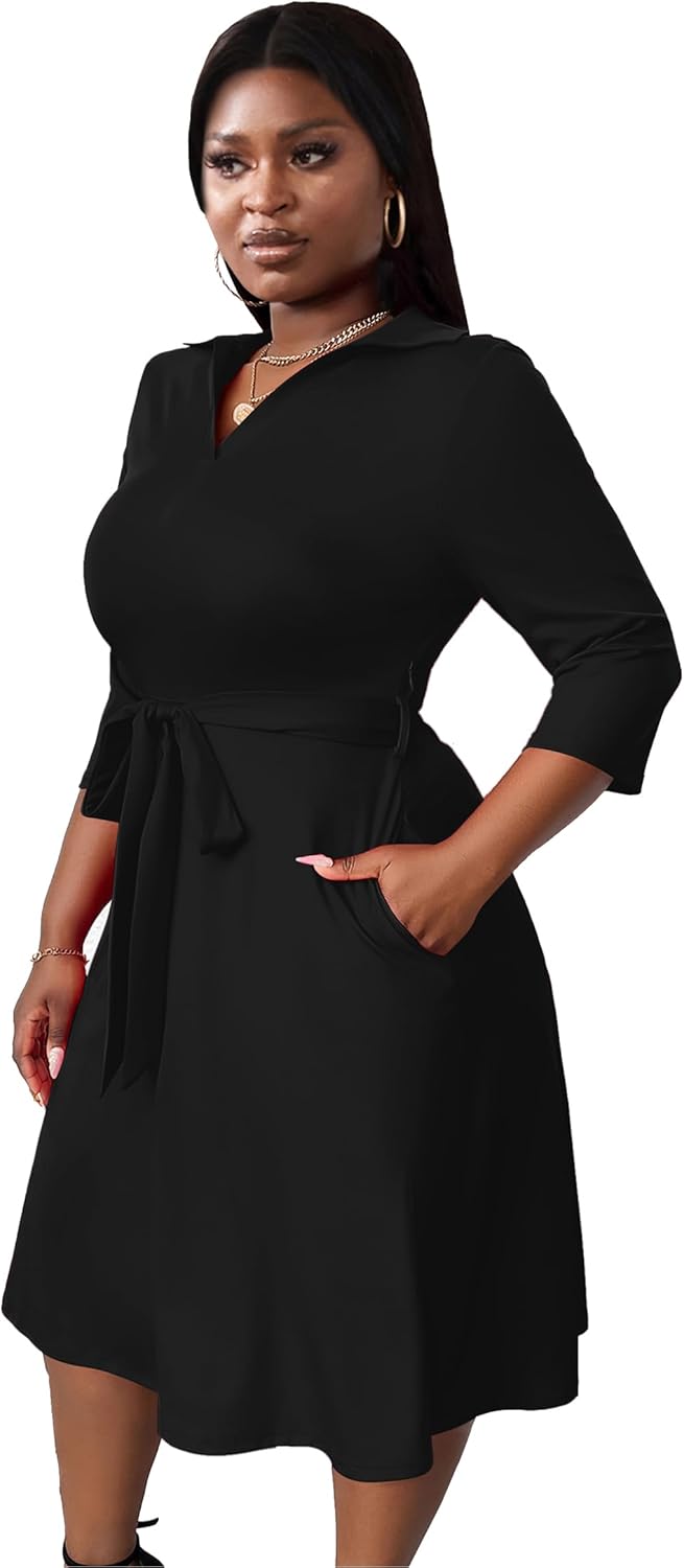 Thumbnail 2 de FANDEE Plus Size Midi Dress with African Print – L-5XL, V-Neck, 3/4 Sleeves, Belt & Pockets