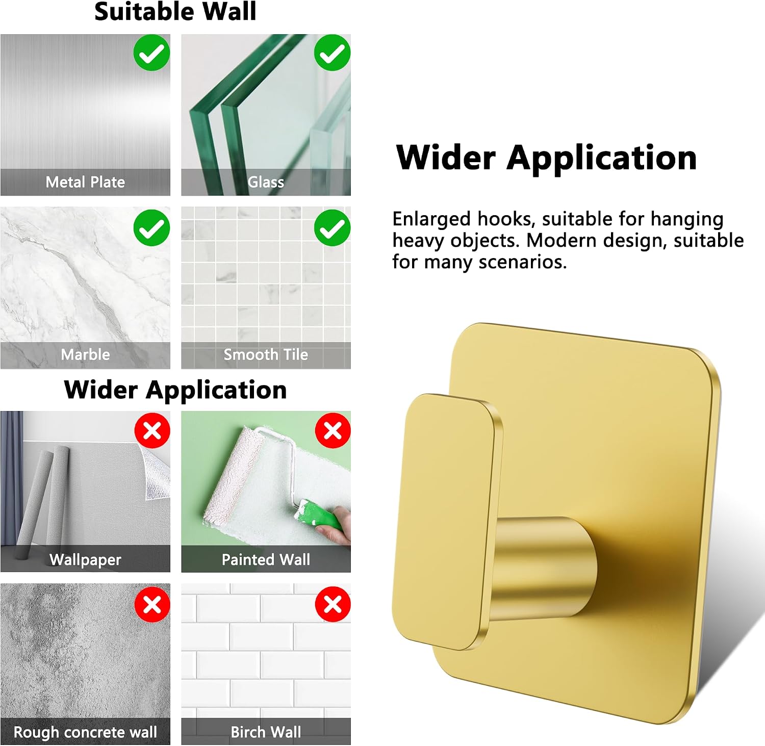Thumbnail 6 de Aikzik 4 Pack Self Adhesive Hooks – Over 10kg Load, Gold Finish, Stainless Steel, No-Drill Hanging