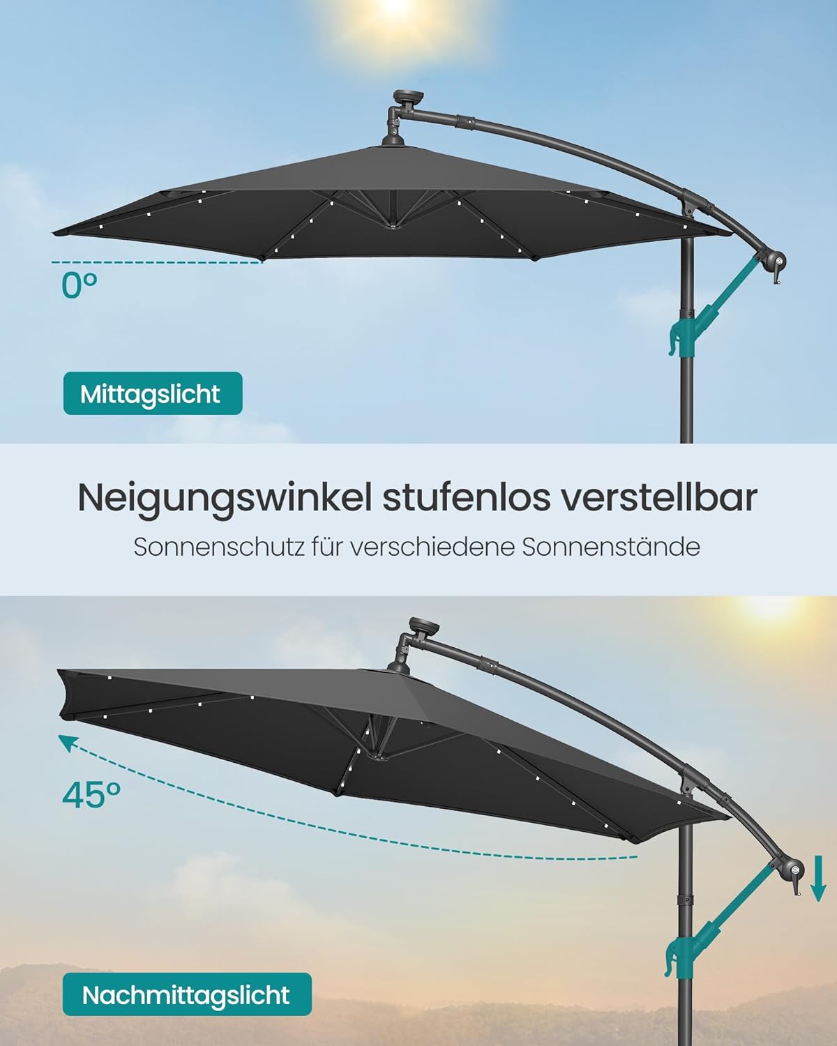 Detalle de SONGMICS Ampelschirm mit LED-Solar-Beleuchtung, 300 cm Durchmesser, Grau – GPU118G01