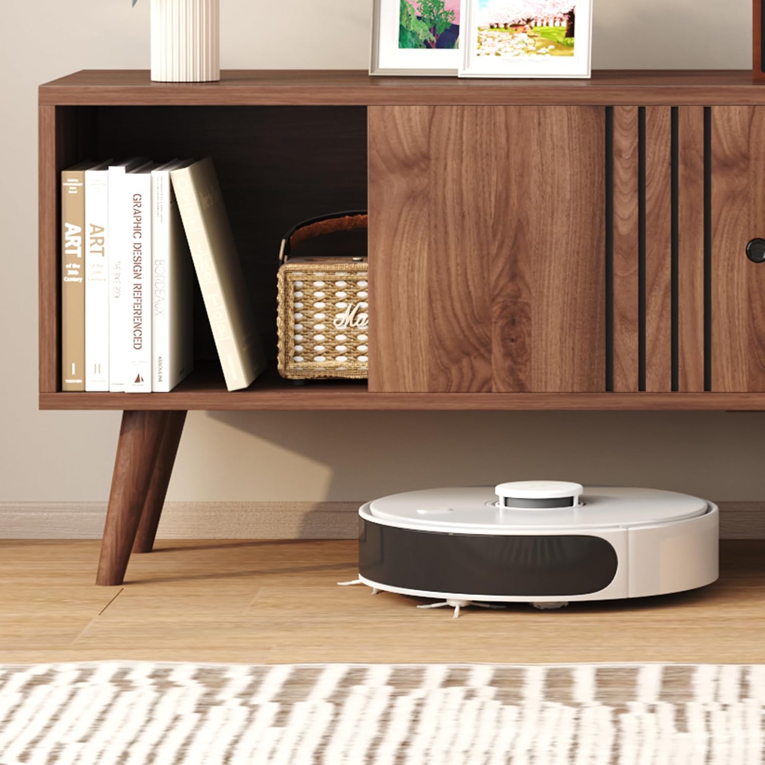 Thumbnail 6 de HOMEFORT 021A Mid-Century TV Stand, Walnut, Sliding Doors and Cable Holes