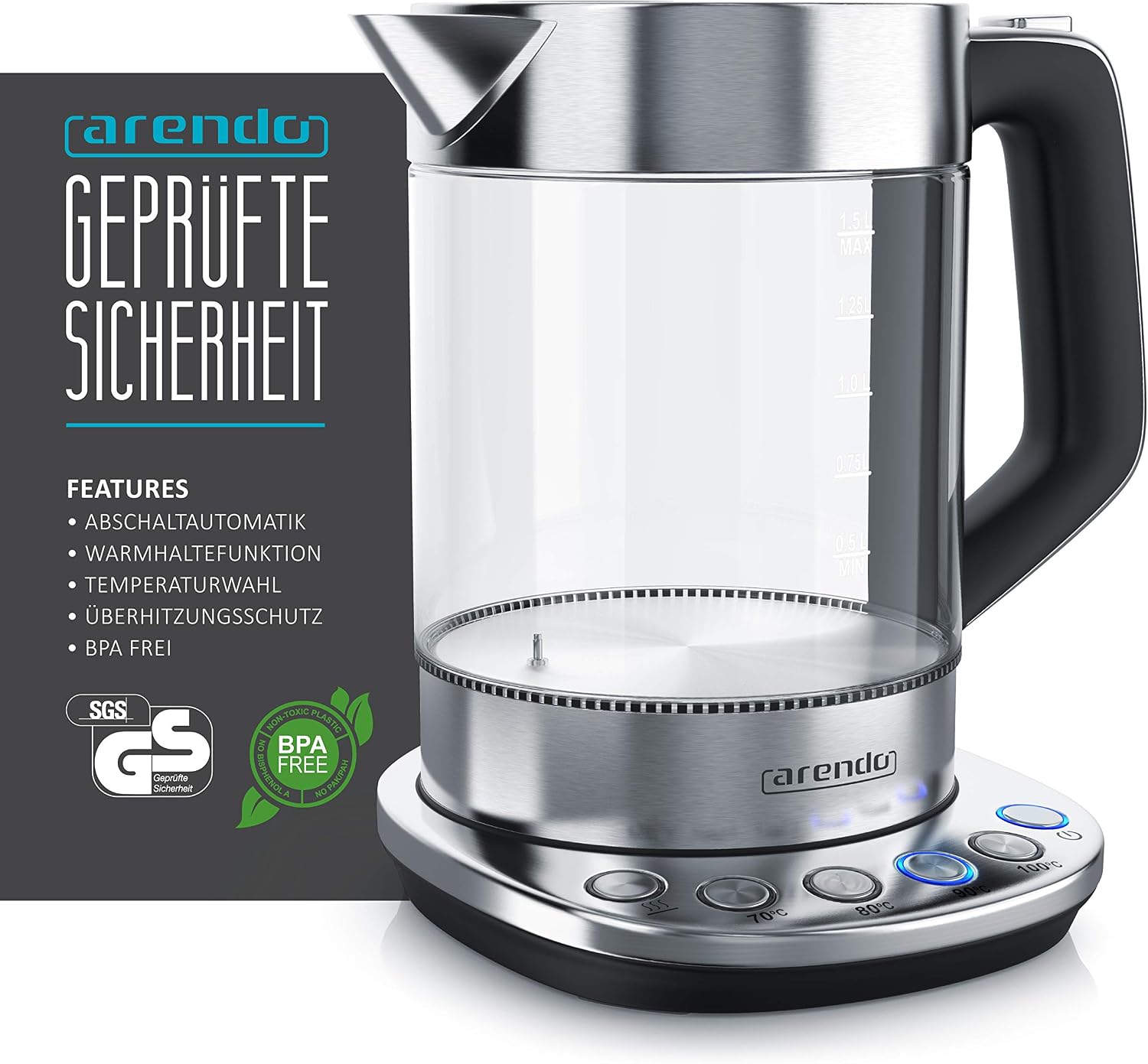 Detalle de Arendo Glas-Wasserkocher mit Temperatureinstellung und Warmhaltefunktion (1,5 l, 2200 W)