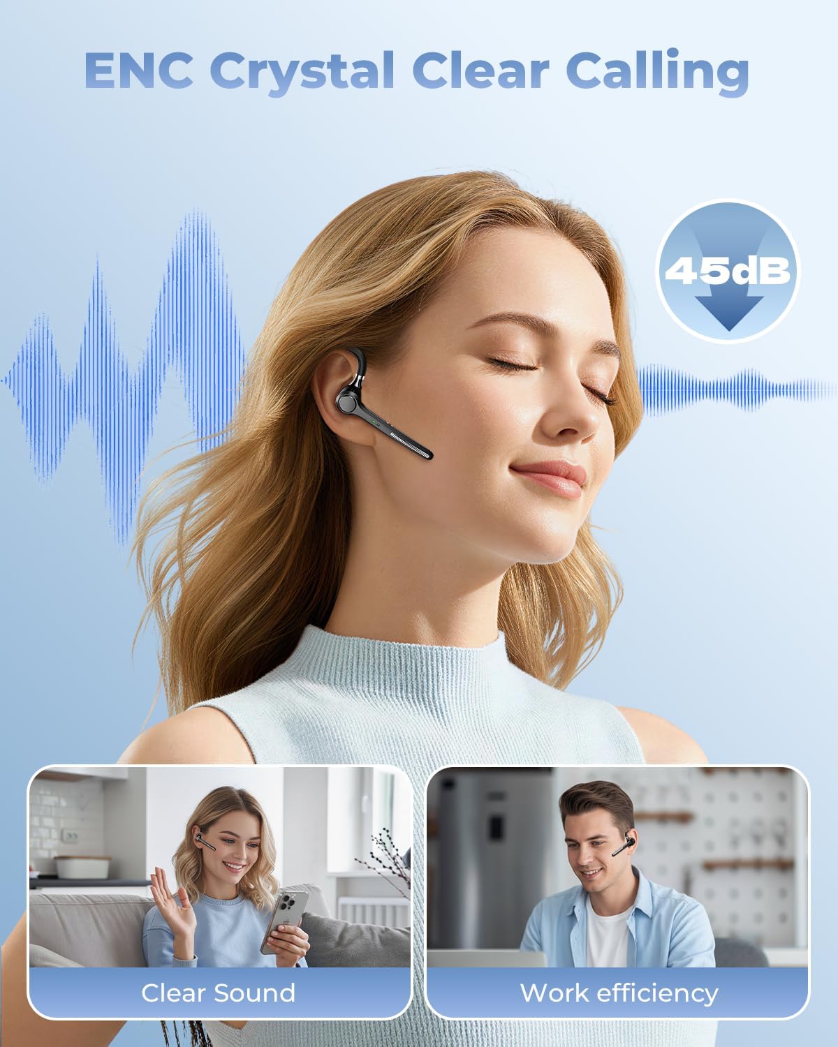 Detalle de Ngsod Bluetooth Headset with Mic, Wireless Earpiece Noise Canceling, 500mAh Charging Case (72H Talking Time Support)