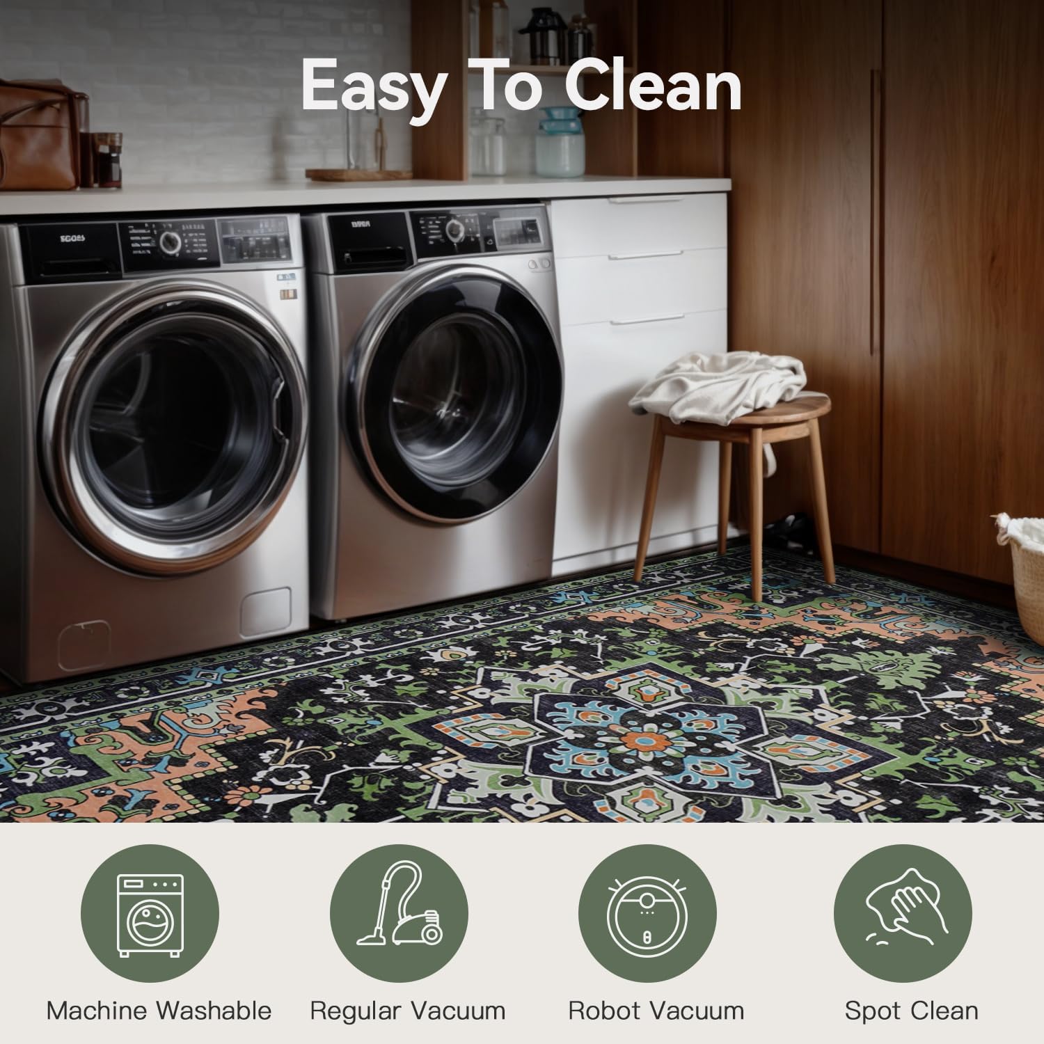 Thumbnail 3 de 5x7 Vintage Floral Washable Area Rug with Non-Slip Backing — Dark Green