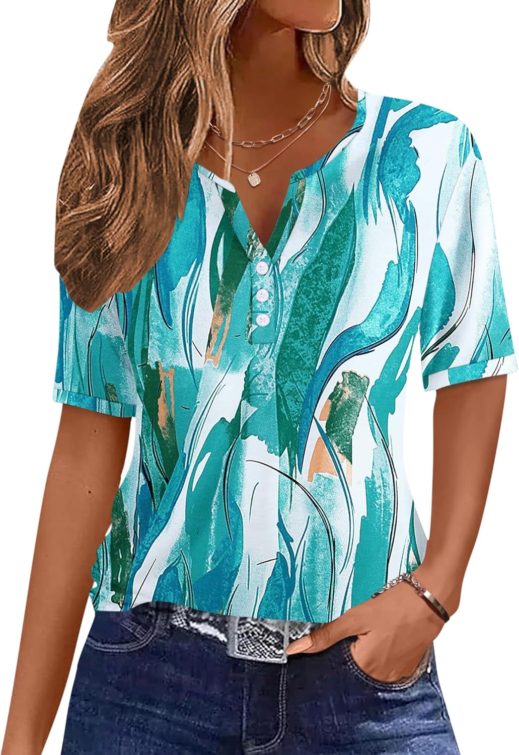 Thumbnail 5 de WNEEDU Tee Shirt Femme Col V à Manches Courtes – T-Shirt estival basique avec boutons