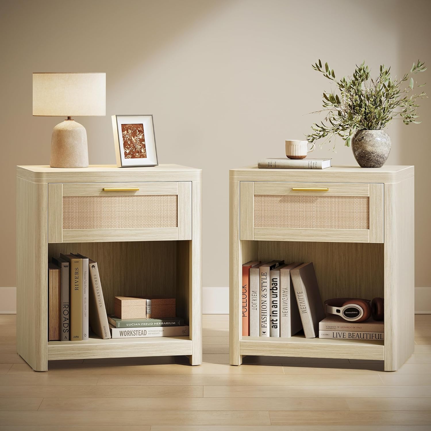 Detalle de VASAGLE ELLAN Collezione – Comodini Boho con Cassett o in Effetto Rattan, Set da 2, Beige Naturale LET818LC01