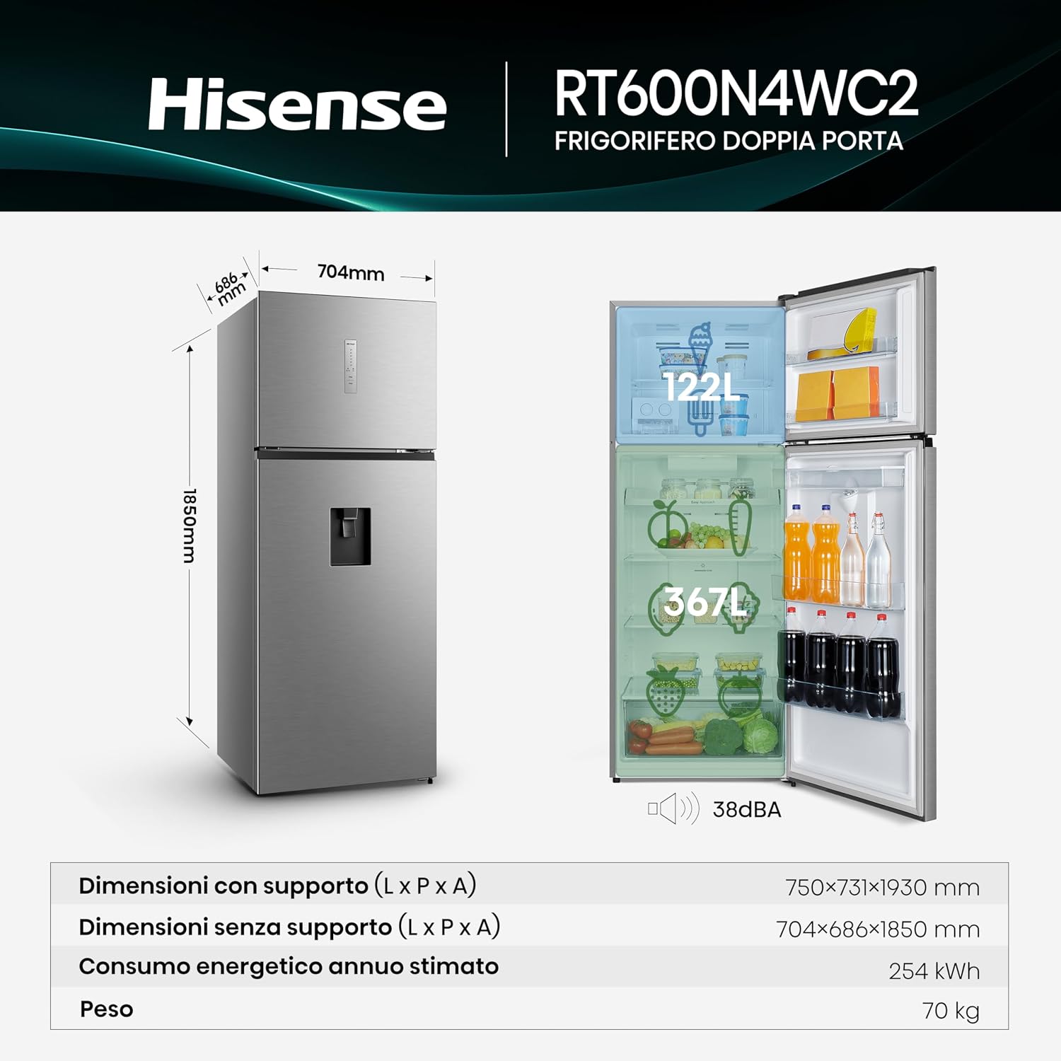 Detalle de Hisense RT600N4WC2: Frigorifero Doppia Porta da 467 L con Total No Frost