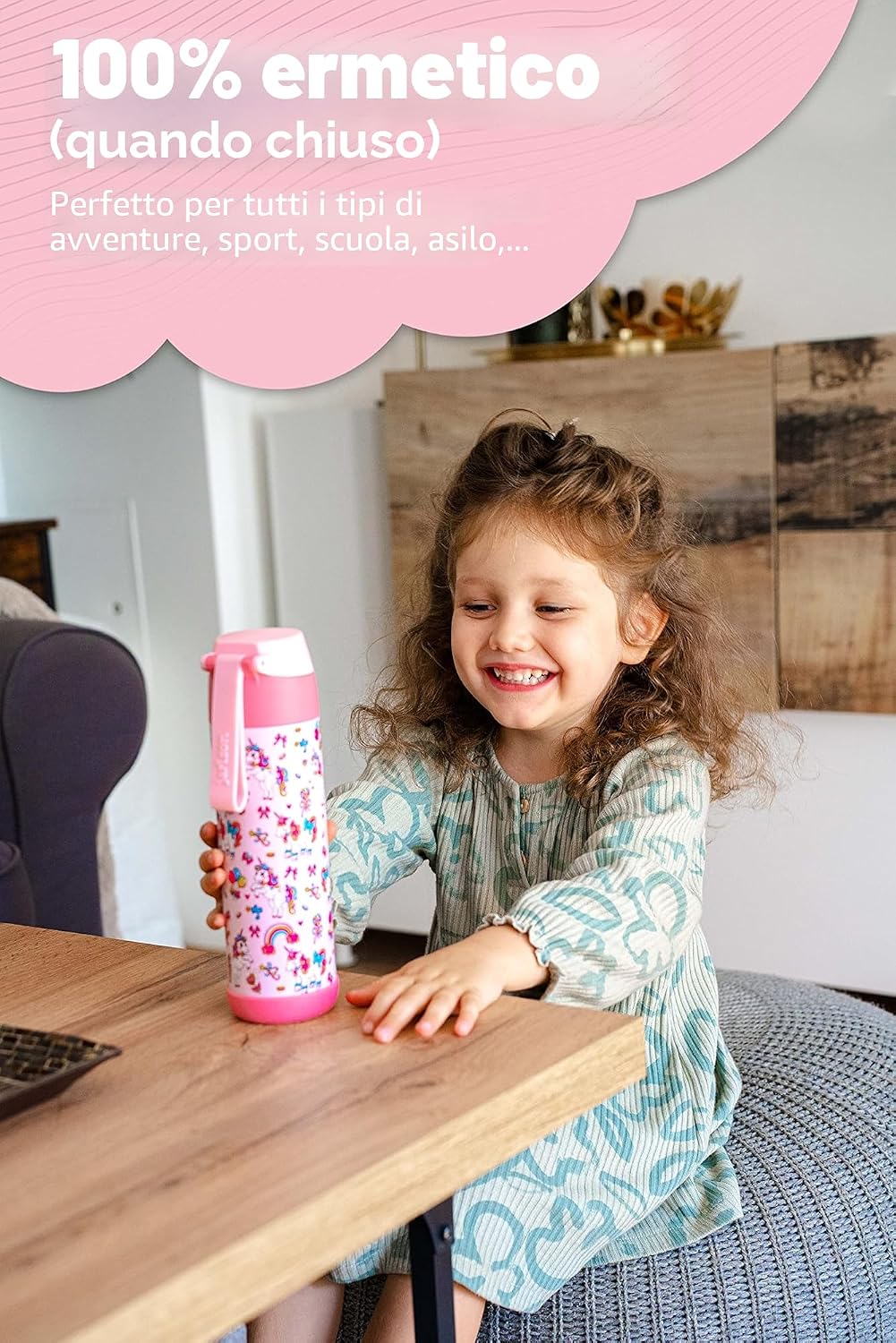 Detalle de JARLSON Borraccia Termica Bambini 500ml MALI Unicorno – Acciaio Inox 304, Senza BPA