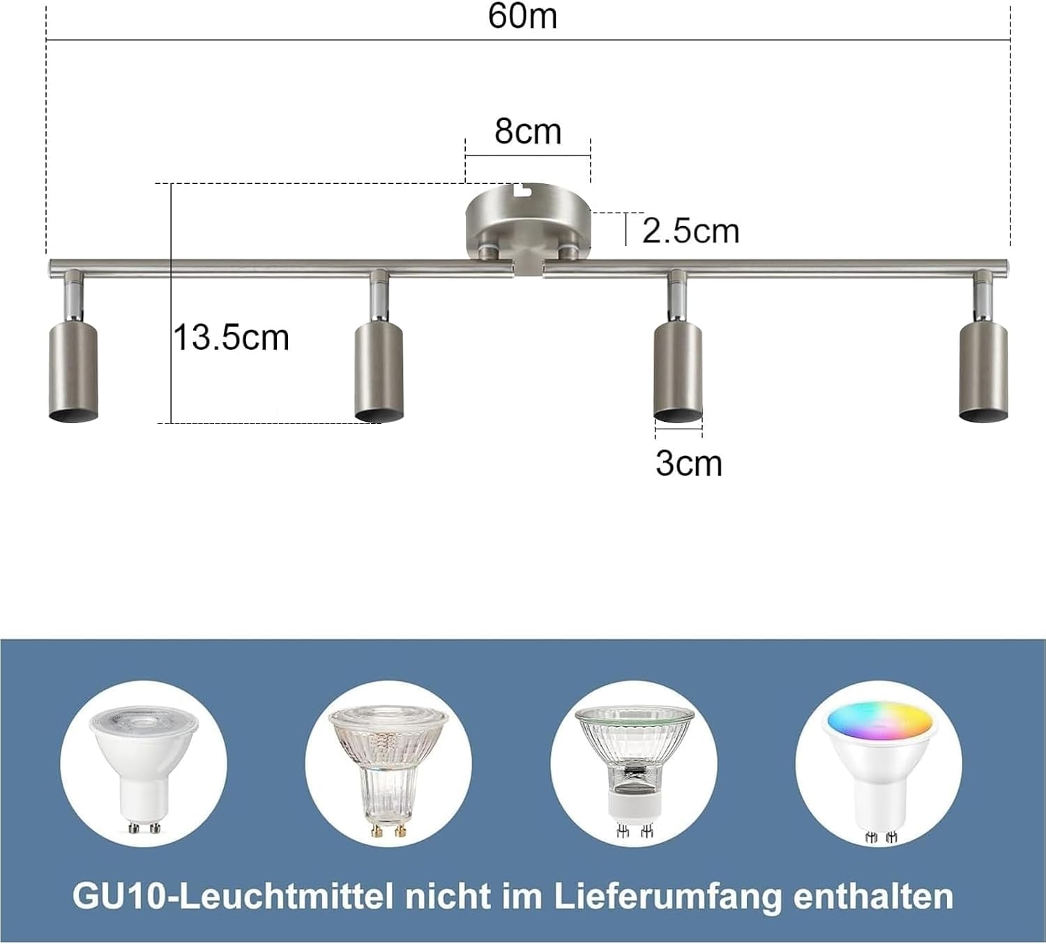 Detalle de Glitzerlife LED Deckenstrahler 4-flammig – Deckenleuchte mit schwenkbarem Kopf, GU10-kompatibel (Ohne Leuchtmittel)