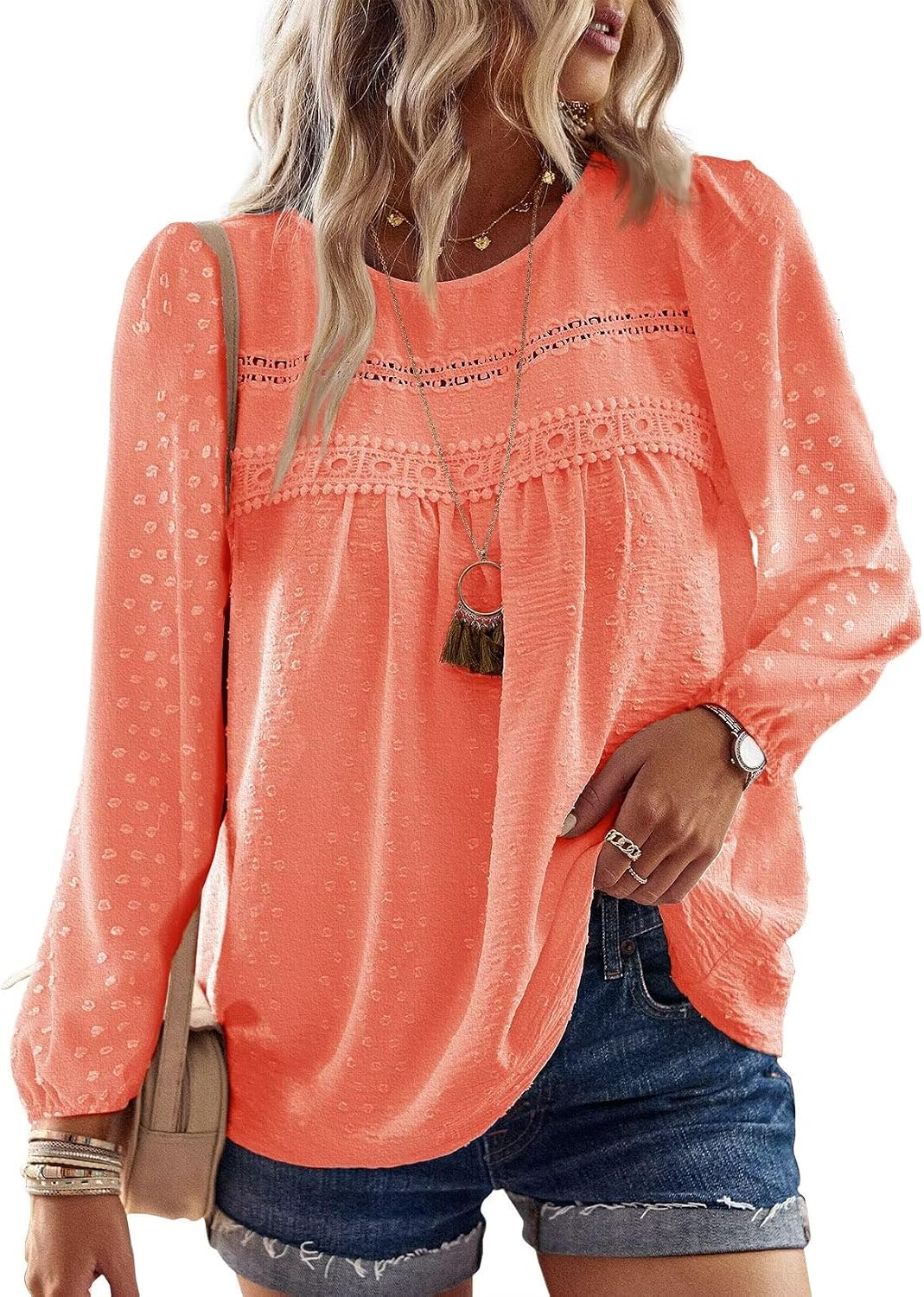 Thumbnail 6 de TUUHAW Women’s Round Neck Long Sleeve Top with Crochet & Chiffon Lace Hem
