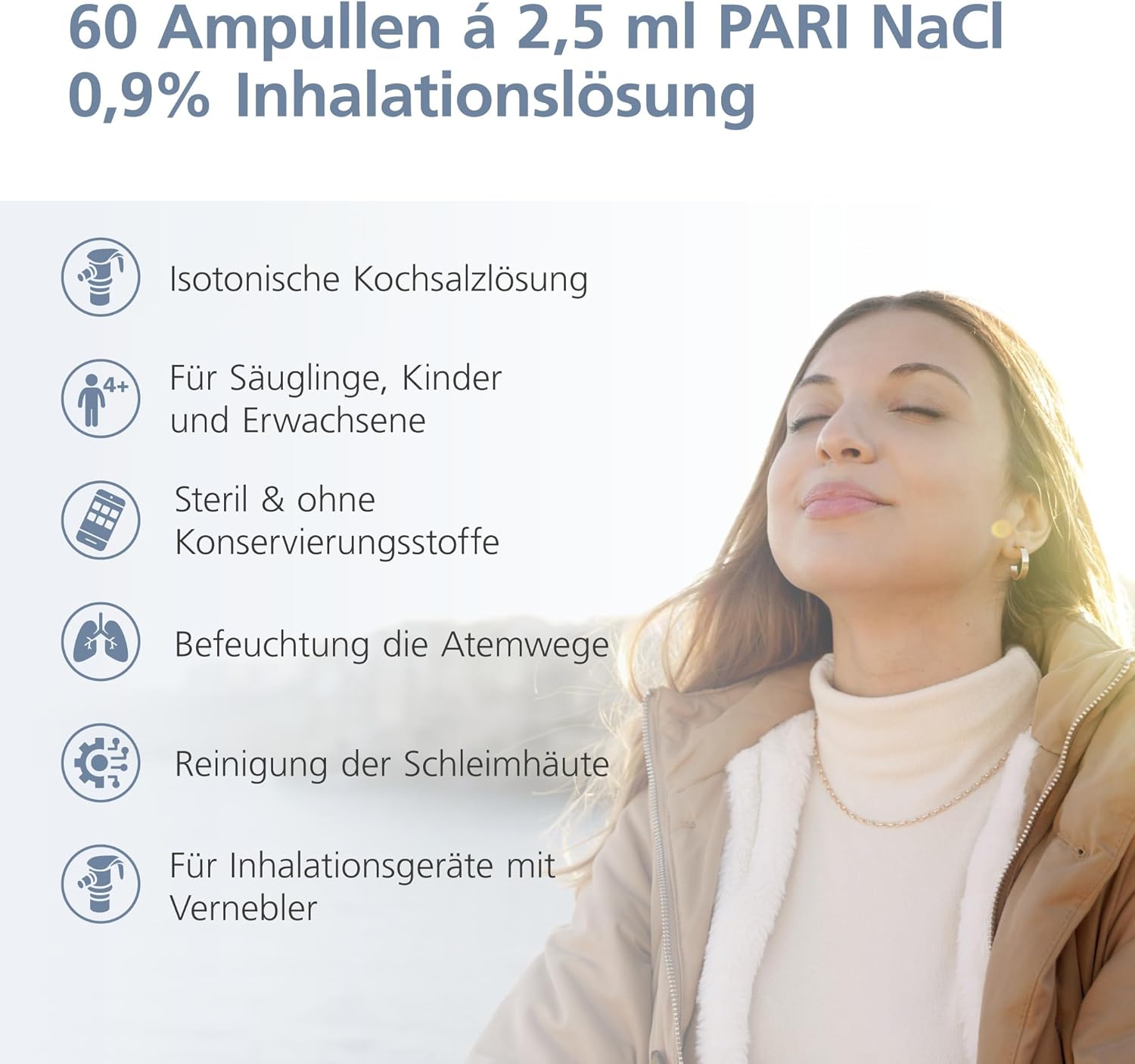 Detalle de PARI Kochsalzlösung zum Inhalieren – 60 Ampullen à 2,5 ml, steril, ohne Konservierungsstoffe