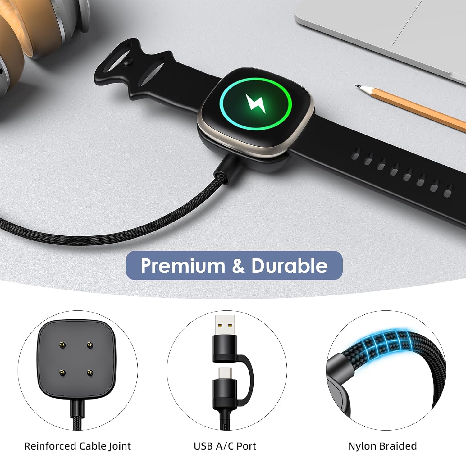 Thumbnail 5 de Autallgee 2 Pack USB A/C Charger for Fitbit Versa 4 / Sense / Versa 3 / Sense 2 and Pixel Watch – 100cm Magnetic Dock