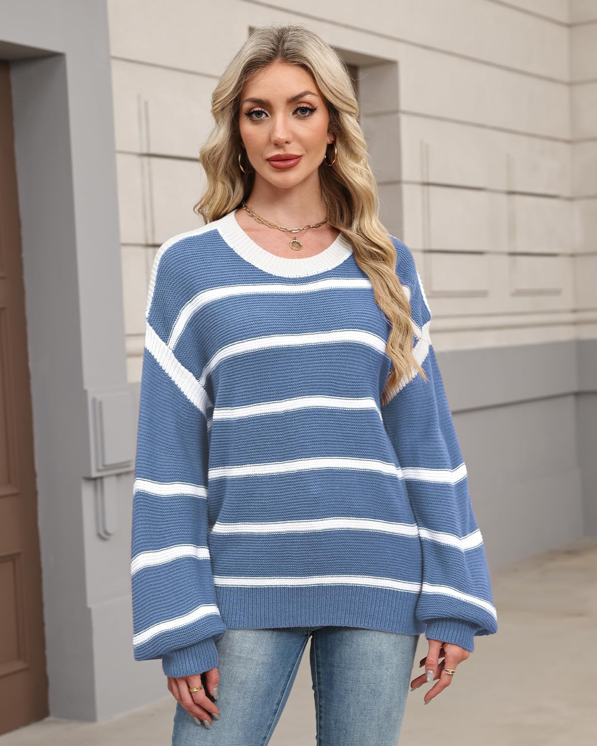 Detalle 2 de Quatrefox Gestreifter Damen-Pullover mit Rundhals und Langarm im Loose-Fit