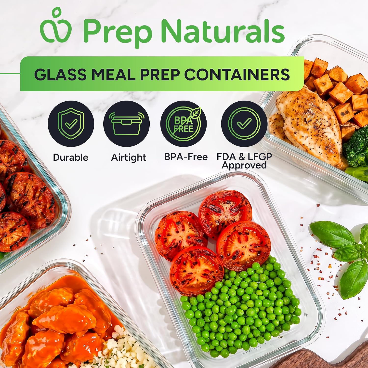 Detalle 2 de PrepNaturals 30 oz Glass Meal Prep Containers 5-pack 🍱
