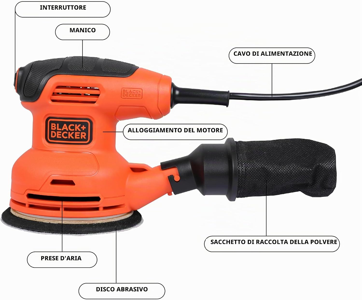 Detalle de BLACK+DECKER BEW210-QS: Levigatrice roto orbitale 230W per finiture precise su legno, metallo e vernice
