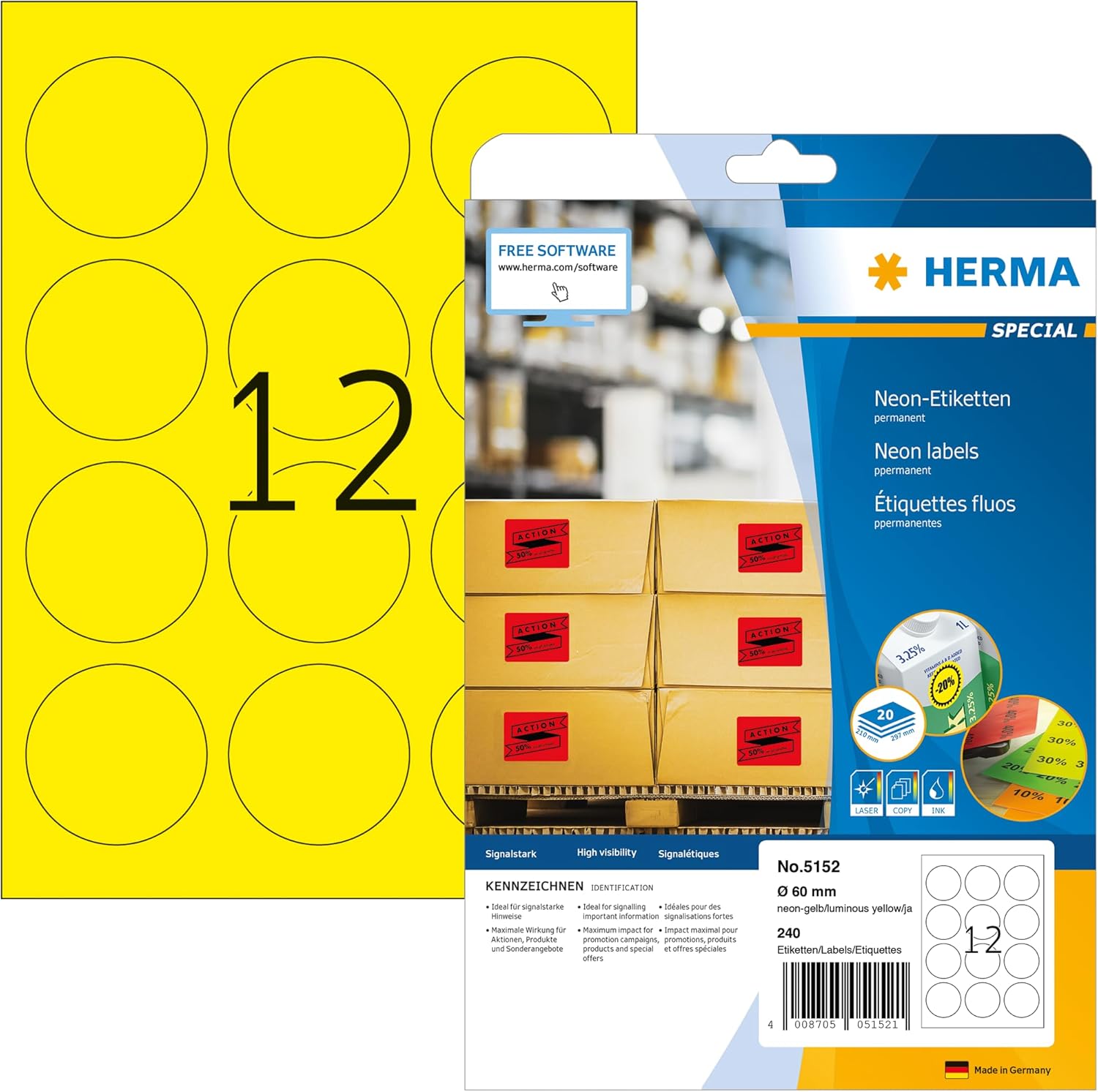 Thumbnail 6 de HERMA Special Etichette fluorescenti Luminous Green 99,1 x 67,7 mm – 160 pezzi (20 fogli × 8)