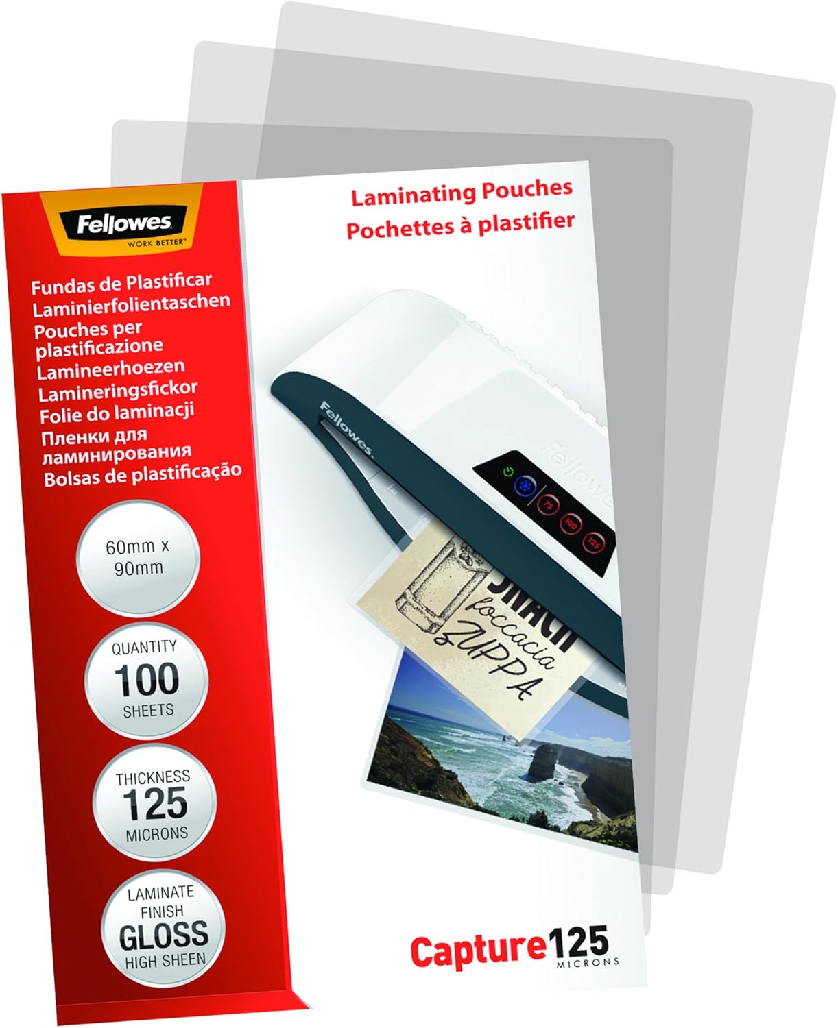 Detalle de Fellowes Pouches plastificazione 60 x 90 mm, 125 micron, confezione da 100, lucide