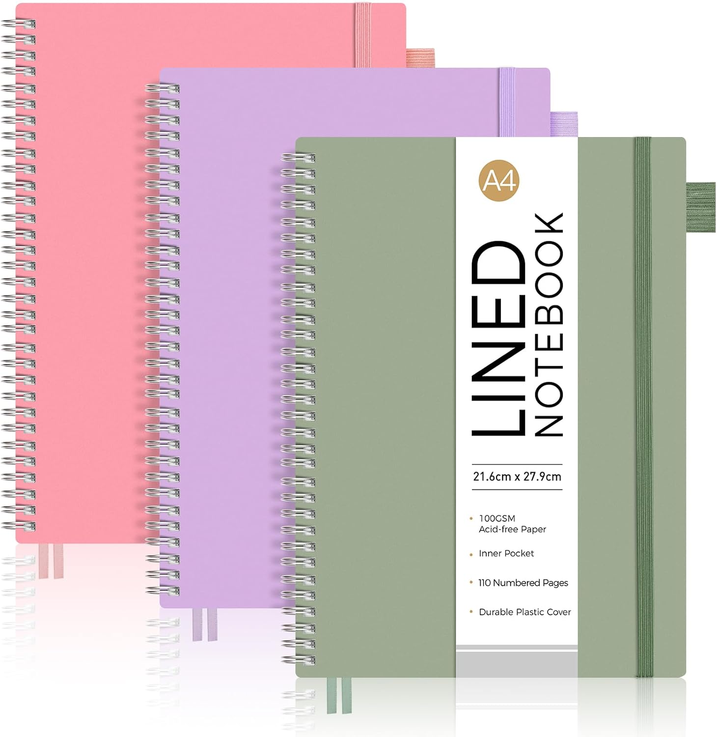 Detalle de AUTEMPO A4 Notebook Lined, 3 Pack – Wirebound Spiral Notebooks with 110 Pages Each (100gsm) in Green, Pink & Purple