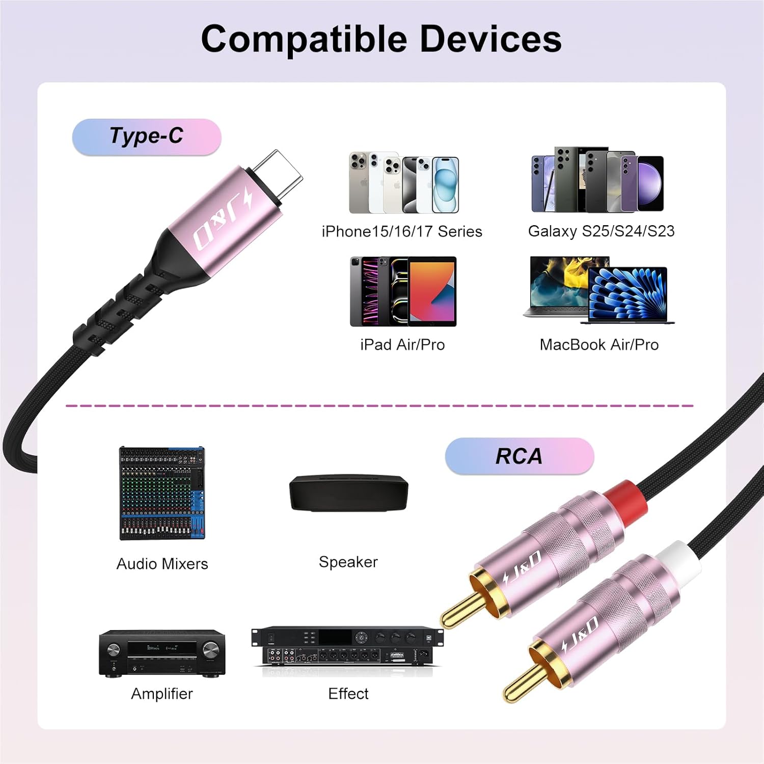 Detalle de J&D USB-C to 2 RCA Audio Cable: Type-C to 2RCA Male Adapter (Rose Gold, 4 ft)