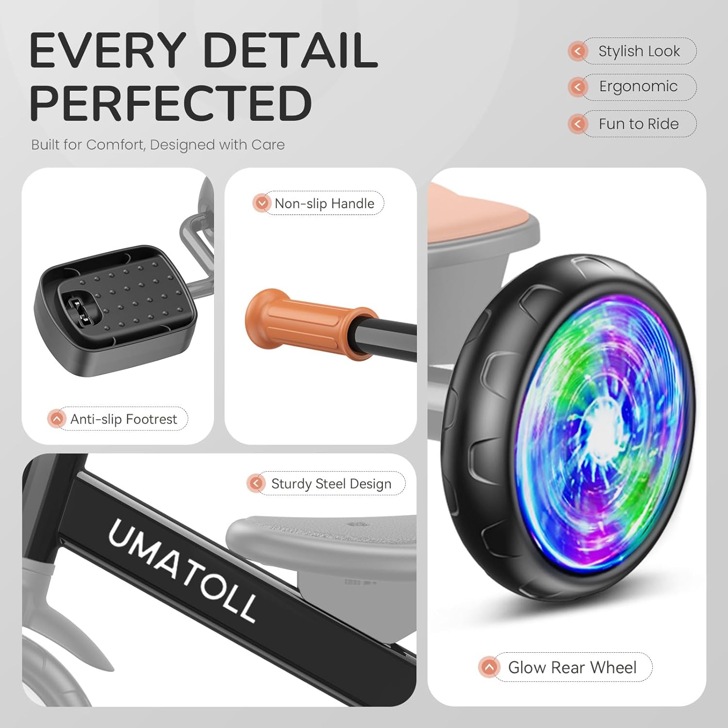 Thumbnail 6 de Umatoll Toddler Tricycle (Ages 2–5) with Adjustable Seat, Dual Baskets & Light-Up Wheels