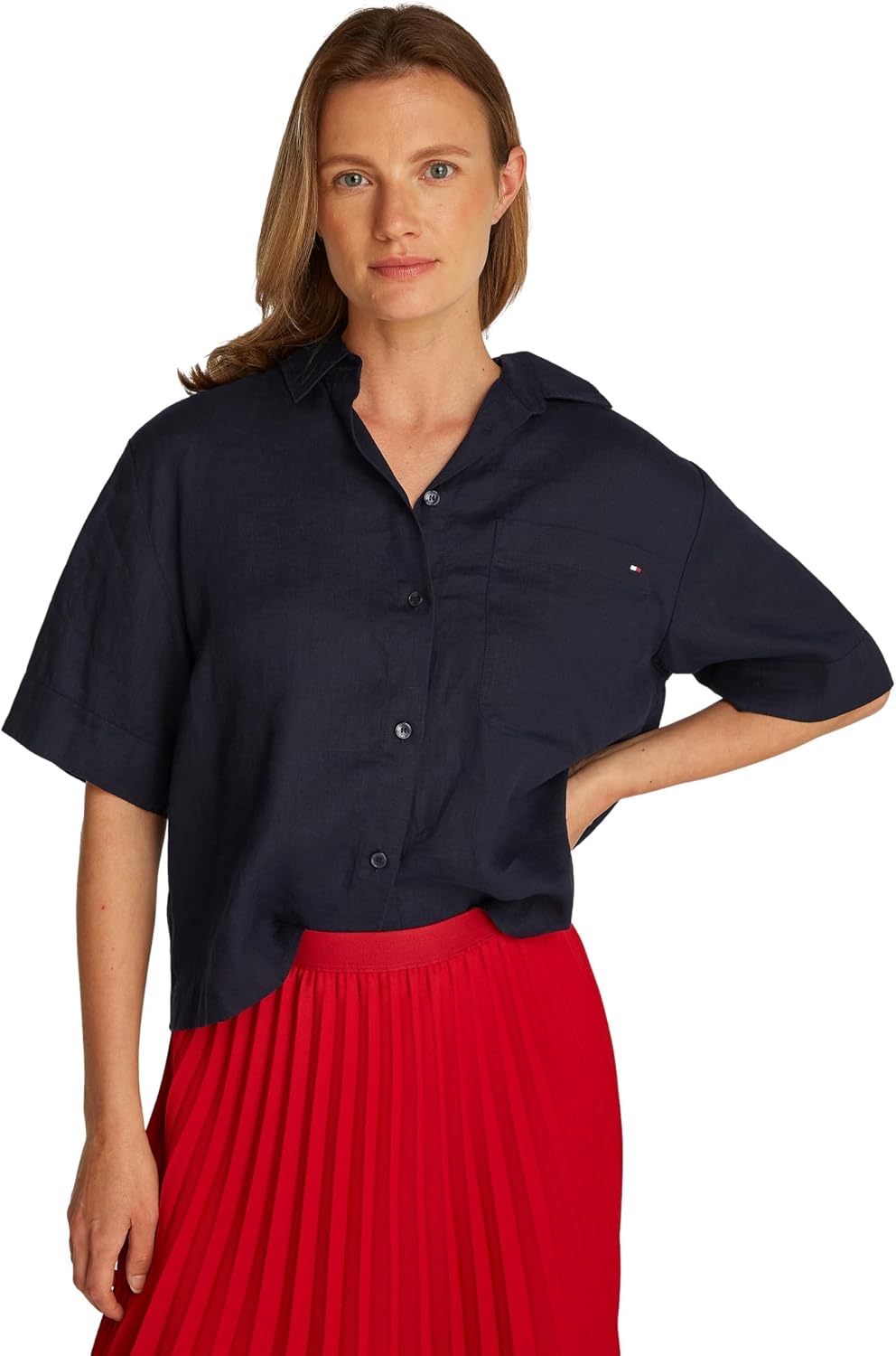 Detalle de Tommy Hilfiger Damen Hemd Linen Relaxed Kurzarm
