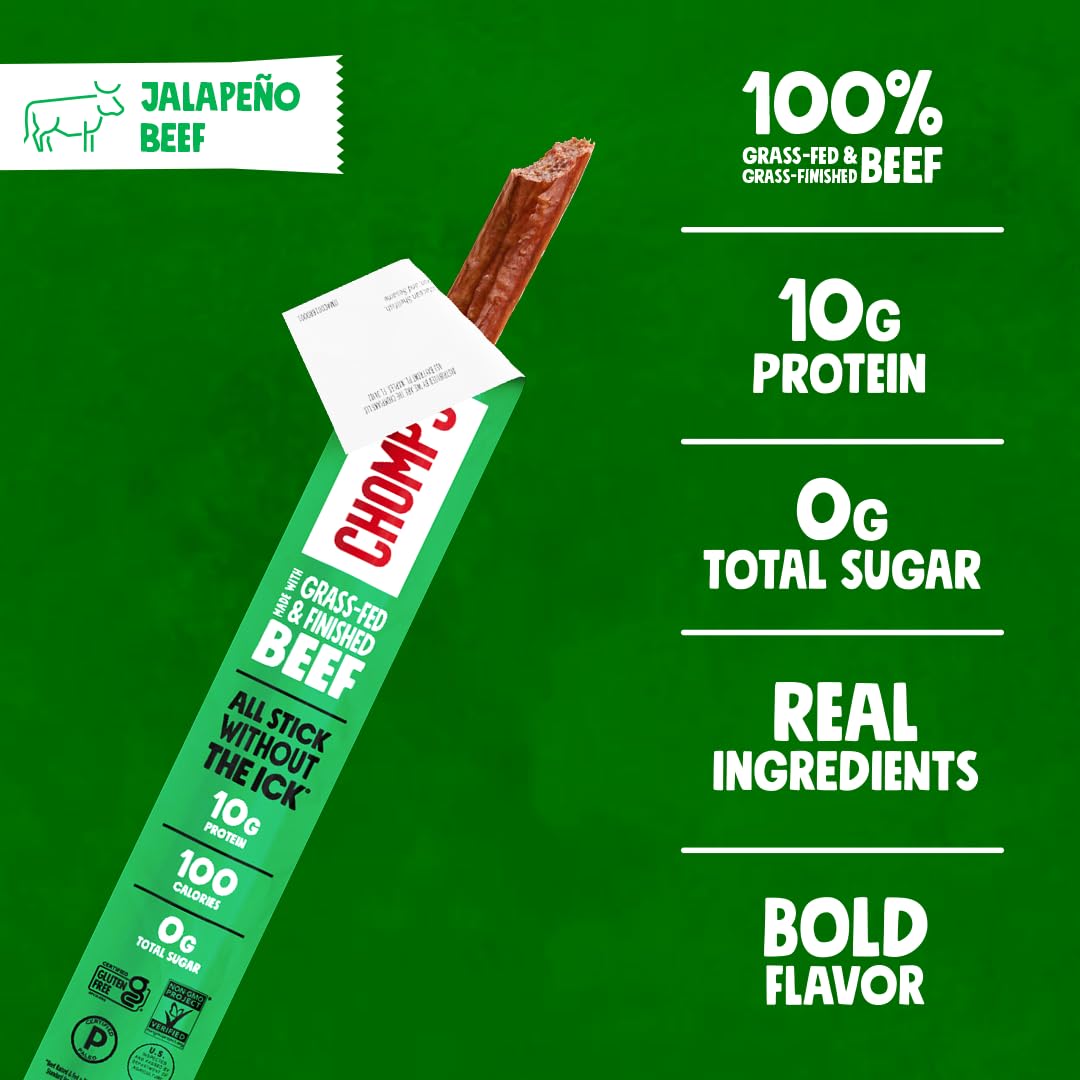 Detalle de Chomps Jalapeño Beef Snack Sticks, 10-Count, Grass-Fed, 10g Protein