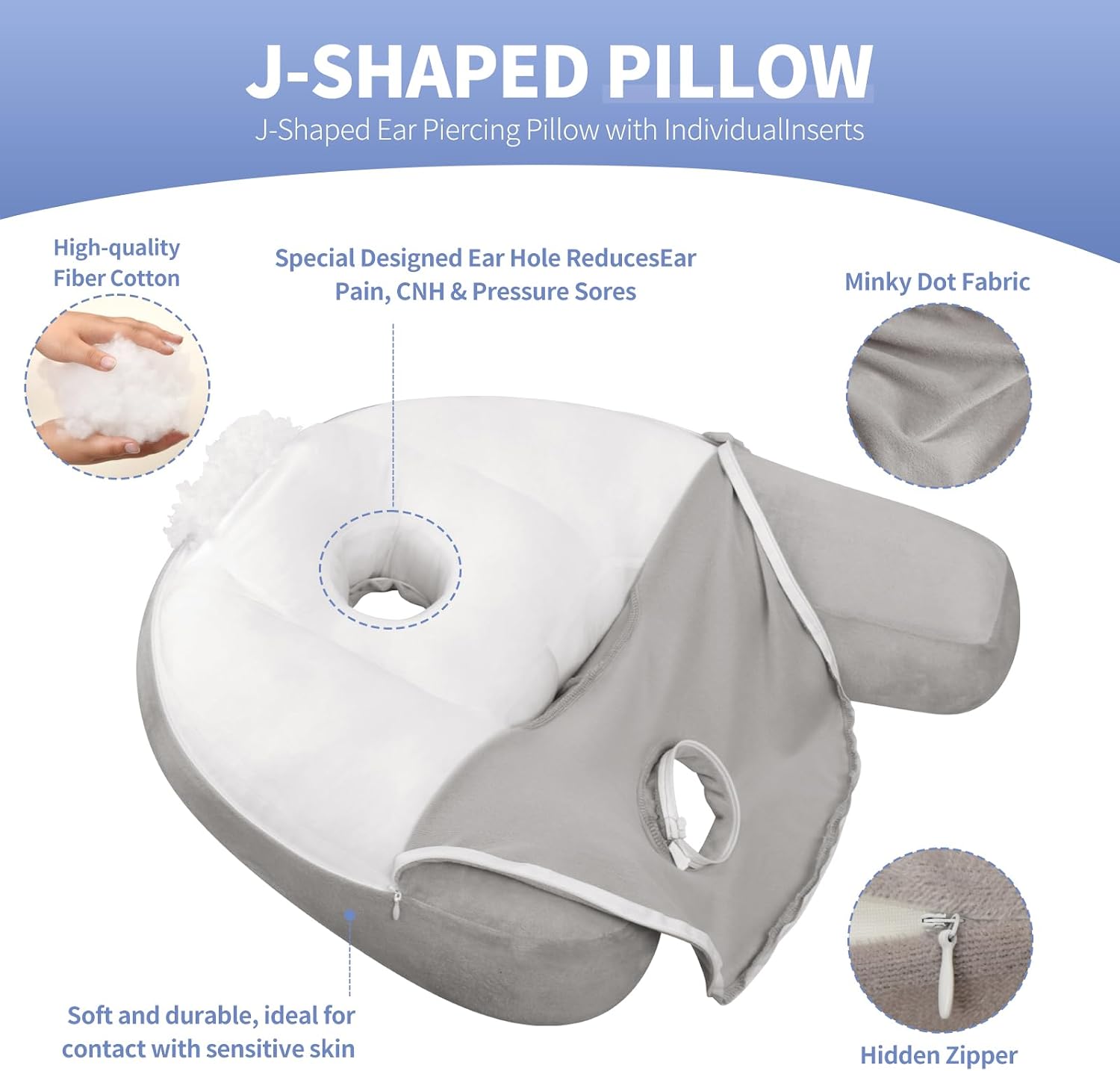 Detalle de Nockovi J-Shaped Ear Piercing Pillow with 4" Hole – Ergonomic, Grey Velvet, 20x26 in