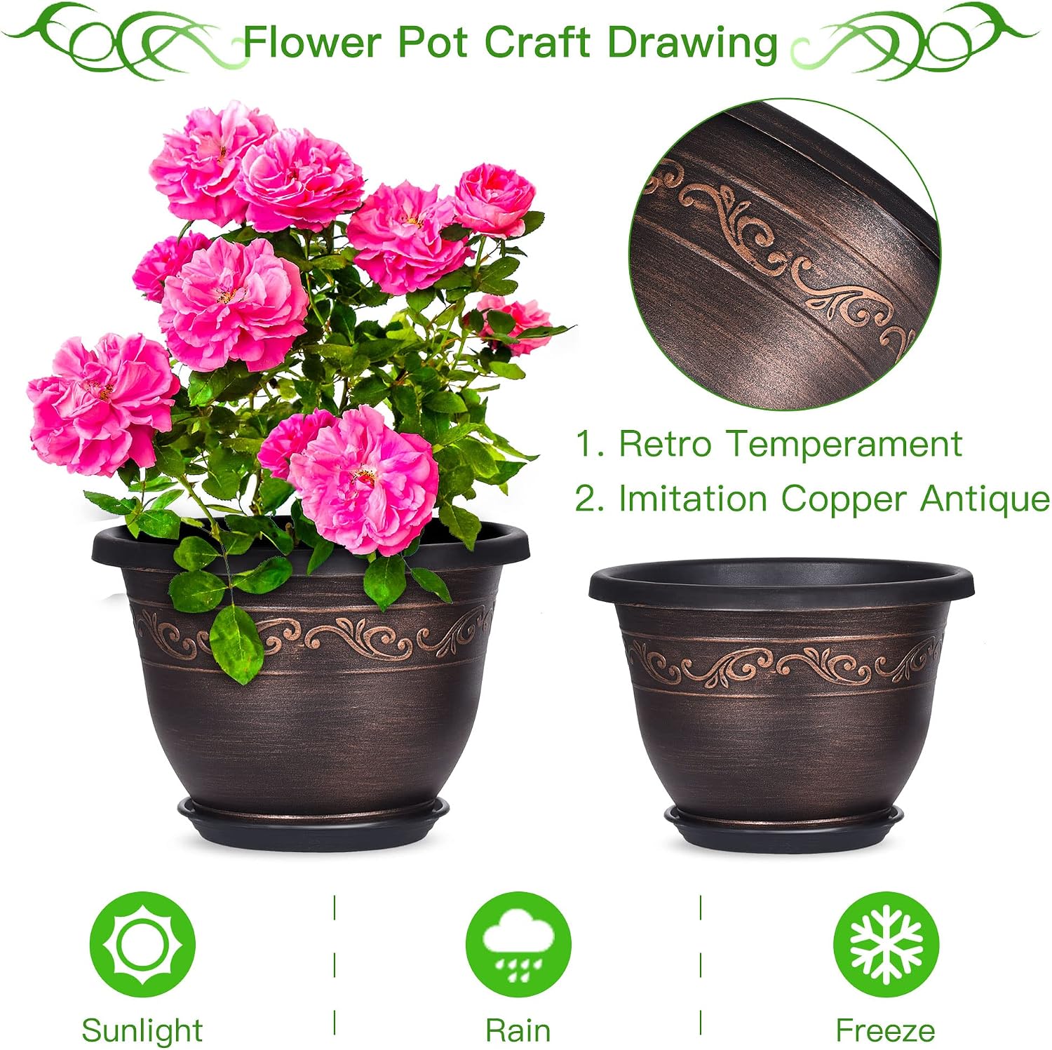 Detalle de Pottiffe 25cm Plastic Plant Flower Planters (3-pack) with Drainage Hole & Saucer