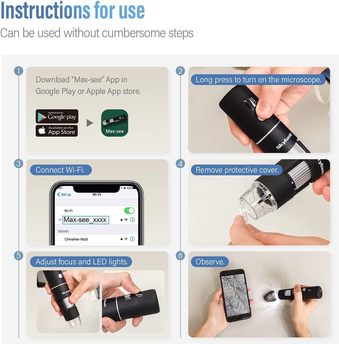 Detalle de SKYBASIC Microscope numérique Wi‑Fi portable 1000X avec loupe et 8 LED pour smartphones (Android/iOS) et PC