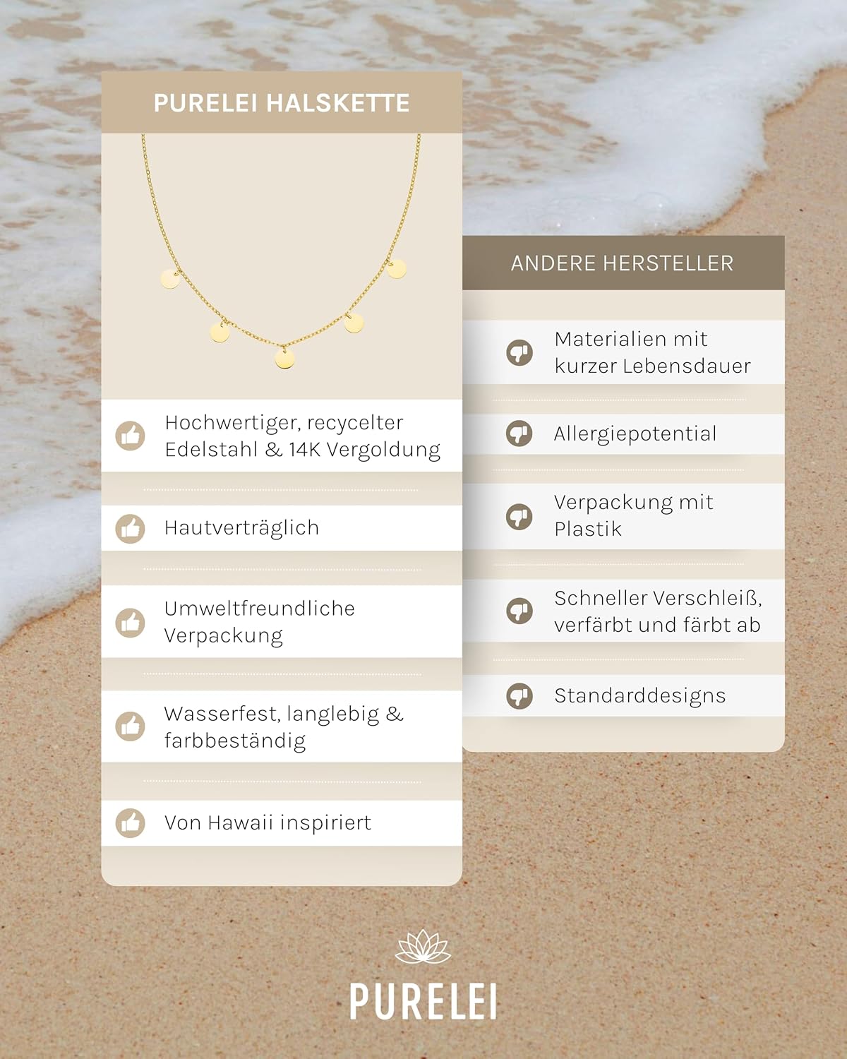 Detalle 2 de Purelei Kalea Kette Damen (Gold) – Halskette aus Edelstahl, verstellbar 40–45 cm, wasserfest